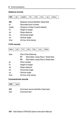 9 Communications

Stakeout records

SO , pt , (sopt) , ht , sd , ha , va , time ,

SO           Stakeout record identifier (fixed text)
pt           Recorded point number
(sopt)       (Original number of point staked)
ht           Height of target
sd           Slope distance
ha           Horizontal angle
va           Vertical angle
time         24-hour time stamp

F1/F2 records

face , pt , ht , sd , ha , va , time

face         One of the following:
             F1     Shot taken using Face-1 (fixed text)
             F2     Shot taken using Face-2 (fixed text)
pt           Point number
ht           Height of target
sd           Slope distance
ha           Horizontal angle
va           Vertical angle
time         24-hour time stamp

Comment/note records

 CO , text

CO           Comment record identifier (fixed text)
text         Comment text




194 Total Station DTM-502 Series Instruction Manual
 