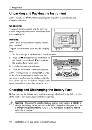 2 Preparation


Unpacking and Packing the Instrument                                                2.1

Note – Handle the DTM-502 instrument gently to protect it from shocks and
excessive vibration.

Unpacking                                                                          21.1
To unpack the instrument, grip the carrying
handle and gently remove the instrument from
the carrying case.

Packing                                        21.2
Note – Store the instrument with the battery
pack attached.
To pack the instrument back into the carrying
case:
1. Set the telescope in the horizontal face-1 position.
2. Align the      storage mark on the bottom of
     the face-1 keyboard with the mark on
     the leveling base clamp knob.
3. Lightly fasten the clamp knobs.
4. Place the instrument in the carrying case.
Note – When packing the charger (Q-75U/E)
in the plastic carrying case, make sure that
you store it as shown on the sticker inside the
case. Make sure that the battery charger cable
is not pinched when you close the case cover.


Charging and Discharging the Battery Pack                                           2.1

Before charging the battery pack, read the warnings (also listed in the Safety section
at the front of this manual) and the following notes.


C       Warning – Use only the specified battery charger (part number Q-75U/E) to
        charge the battery pack (part number BC-80). Using other chargers, such as
        a charger with part number Q-7U/E or Q7C, may cause the battery pack to
        catch fire or rupture.




10    Total Station DTM-502 Series Instruction Manual
 