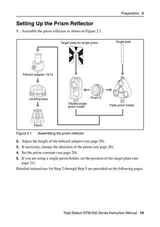 Preparation 2


Setting Up the Prism Reflector                                                         2.1

1. Assemble the prism reflector as shown in Figure 2.1.


                              Target plate for single prism         Target pole




    Tribrach adapter 13/14




        Leveling base                                Prism C
                                   Tiltable single
                                   prism holder                 Triple prism holder




             Tripod

Figure 2.1      Assembling the prism reflector

2. Adjust the height of the tribrach adaptor (see page 20).
3. If necessary, change the direction of the prism (see page 20).
4. Set the prism constant (see page 20).
5. If you are using a single prism holder, set the position of the target plate (see
   page 21).
Detailed instructions for Step 2 through Step 5 are provided on the following pages.




                                Total Station DTM-502 Series Instruction Manual 19
 