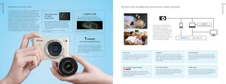 Small, sophisticated, and powerful, the Nikon 1 is redefining the way
photographers think about an “advanced” camera. It features a
minimalist design approach: a compact body, lightweight lenses, and
streamlined controls that produce an elegant interface. Yet, its highly
advanced technology delivers high-speed performance, stunning image
quality, and increased versatility. Optimum balance is the new
paradigm. Aiming to bring speed, image quality, and camera size into
precise alignment, Nikon redesigned the CMOS image sensor and
image-processing engine especially for the Nikon 1. With each
successive model, Nikon has continued to improve these core
technologies. Moreover, the camera features an original mount system
that further minimizes size and weight by accommodating an exclusive
series of lightweight lenses—1 NIKKOR. Nikon 1 advantages range from
astounding AF speed to powerful creativity-enhancing features, all of
which encourage spontaneous use and more pleasure in photography.

Common Features

Common Features

Minimal is so much more.

The shot is just the beginning. Now enhance, create, and share!

Super high-speed
AF CMOS
image sensor

Nikon 1 is equipped with different high-performance
image-processing engines. Together they enable the camera’s
outstanding combination of high speed and high image quality.

With 14.2 effective megapixels and an ISO sensitivity from
160 to 6400, Nikon 1’s CX-format CMOS image sensor
renders high-resolution images—even those shot under
very low light. Incorporating Nikon 1’s advanced hybrid AF
system, this image sensor achieves exceptionally fast and
accurate autofocus.
Note: J3 and V2 sensor pictured above; S1, J2 and V1 equipped
with 10.1 megapixel sensor.

Nikon 1 offers many ways to enjoy the
special moments you capture. In addition
to viewing pictures and movies on
large-screen TVs and posting them online
from your PC, you can transfer files directly
from your camera to your computer and
smart devices, as well as to my Picturetown
and other social network sites. Handy
software is provided for editing and sharing
images. Create unique works and share
them more easily than you imagine.

Note: J3, S1 and V2 equipped with EXPEED 3A image-processing
engine; J2 and V1 have EXPEED 3.

ViewNX 2
Short Movie Creator
Smart device

PC

SNS, e-mail, etc …

TV

with Interchangeable Lenses
Designed exclusively for the Nikon 1, the new lens
mount system supports the wide range of dedicated
1 NIKKOR lenses. The new mount and lightweight
lenses, which deliver superior optimal performance
for shooting both stills and movies, are central to the
Nikon 1 minimalist design.

Eye-Fi card

ViewNX 2

my Picturetown

Use the Eye-Fi card to transfer photos and movies to a PC
or smart device directly from your camera. Just insert the
card into the SD card slot and you’re ready to go!
(Compatible with J3, J2, S1 and V2)

Your Nikon 1 comes with powerful ViewNX 2 software,
which lets you import, view, edit, and share your images and
movies. From ViewNX 2, you can login to my Picturetown,
Nikon’s image sharing and storage service, and upload your
creations easily.

Nikon’s my Picturetown serves as a personal online album
for storing, organizing and sharing your photos and movies.
And with my Picturetown app, you can access your images
from smart devices.

WU-1b Wireless Mobile Adapter
With this wireless mobile adapter, you can transfer images
from your camera via Wireless LAN. It also allows you to use a
smart device to engage the camera’s shutter release.
(For details see page 35)

16

Short Movie Creator

HDMI output

Short Movie Creator is a fun and easy way to edit your
movies. With this handy software, it only takes minutes to
turn still photos and movies into an original short movie,
complete with special effects and music.

Connect your Nikon 1 to an HDTV with an HDMI cable and
enjoy seeing your best photos and movies on the big screen.
On some televisions, you can use the TV remote control for
easy playback. (Compatible with HDMI-CEC TVs)

17

 