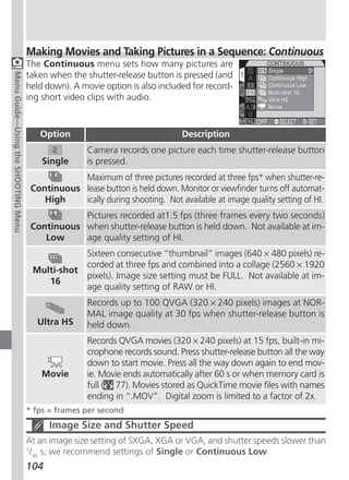 Making Movies and Taking Pictures in a Sequence: Continuous
                                     The Continuous menu sets how many pictures are
                                     taken when the shutter-release button is pressed (and
Menu Guide—Using the SHOOTING Menu




                                     held down). A movie option is also included for record-
                                     ing short video clips with audio.



                                        Option                                 Description
                                                     Camera records one picture each time shutter-release button
                                         Single      is pressed.
                                                 Maximum of three pictures recorded at three fps* when shutter-re-
                                      Continuous lease button is held down. Monitor or viewfinder turns off automat-
                                         High    ically during shooting. Not available at image quality setting of HI.
                                                 Pictures recorded at1.5 fps (three frames every two seconds)
                                      Continuous when shutter-release button is held down. Not available at im-
                                         Low     age quality setting of HI.
                                                     Sixteen consecutive “thumbnail” images (640 × 480 pixels) re-
                                                     corded at three fps and combined into a collage (2560 × 1920
                                      Multi-shot
                                                     pixels). Image size setting must be FULL. Not available at im-
                                         16
                                                     age quality setting of RAW or HI.
                                                     Records up to 100 QVGA (320 × 240 pixels) images at NOR-
                                                     MAL image quality at 30 fps when shutter-release button is
                                       Ultra HS      held down.
                                                     Records QVGA movies (320 × 240 pixels) at 15 fps, built-in mi-
                                                     crophone records sound. Press shutter-release button all the way
                                                     down to start movie. Press all the way down again to end mov-
                                         Movie       ie. Movie ends automatically after 60 s or when memory card is
                                                     full ( 77). Movies stored as QuickTime movie files with names
                                                     ending in “.MOV”. Digital zoom is limited to a factor of 2x.
                                     * fps = frames per second
                                           Image Size and Shutter Speed
                                     At an image size setting of SXGA, XGA or VGA, and shutter speeds slower than
                                     1
                                      /30 s, we recommend settings of Single or Continuous Low.
                                     104
 
