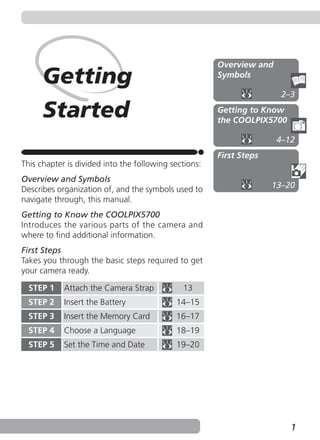 Overview and
      Getting                                          Symbols

                                                                       2–3

      Started                                          Getting to Know
                                                       the COOLPIX5700

                                                                      4–12
                                                       First Steps
This chapter is divided into the following sections:
Overview and Symbols
Describes organization of, and the symbols used to                   13–20
navigate through, this manual.
Getting to Know the COOLPIX5700
Introduces the various parts of the camera and
where to find additional information.
First Steps
Takes you through the basic steps required to get
your camera ready.

  STEP 1    Attach the Camera Strap           13
  STEP 2    Insert the Battery              14–15
  STEP 3    Insert the Memory Card          16–17
  STEP 4    Choose a Language               18–19
  STEP 5    Set the Time and Date           19–20




                                                                         1
 