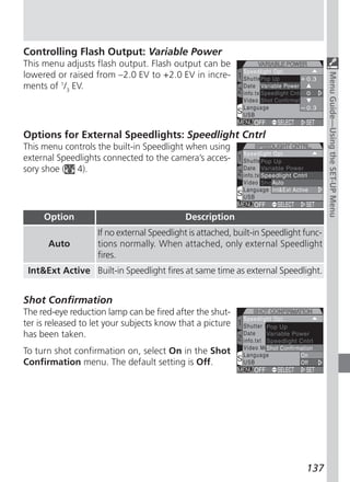 Controlling Flash Output: Variable Power
This menu adjusts flash output. Flash output can be
lowered or raised from –2.0 EV to +2.0 EV in incre-




                                                                                       Menu Guide—Using the SET-UP Menu
ments of 1/3 EV.




Options for External Speedlights: Speedlight Cntrl
This menu controls the built-in Speedlight when using
external Speedlights connected to the camera’s acces-
sory shoe ( 4).




     Option                                 Description
                    If no external Speedlight is attached, built-in Speedlight func-
      Auto          tions normally. When attached, only external Speedlight
                    fires.
 Int&Ext Active Built-in Speedlight fires at same time as external Speedlight.


Shot Confirmation
The red-eye reduction lamp can be fired after the shut-
ter is released to let your subjects know that a picture
has been taken.
To turn shot confirmation on, select On in the Shot
Confirmation menu. The default setting is Off.




                                                                               137
 