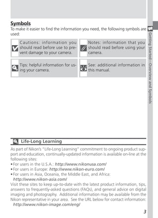 Symbols
To make it easier to find the information you need, the following symbols are
used:




                                                                                  Getting Started—Overview and Symbols
     Cautions: information you               Notes: information that you
     should read before use to pre-          should read before using your
     vent damage to your camera.             camera.

     Tips: helpful information for us-       See: additional information in
     ing your camera.                        this manual.




      Life-Long Learning
As part of Nikon’s “Life-Long Learning” commitment to ongoing product sup-
port and education, continually-updated information is available on-line at the
following sites:
• For users in the U.S.A.: http://www.nikonusa.com/
• For users in Europe: http://www.nikon-euro.com/
• For users in Asia, Oceania, the Middle East, and Africa:
  http://www.nikon-asia.com/
Visit these sites to keep up-to-date with the latest product information, tips,
answers to frequently-asked questions (FAQs), and general advice on digital
imaging and photography. Additional information may be available from the
Nikon representative in your area. See the URL below for contact information:
  http://www.nikon-image.com/eng/
                                                                             3
 