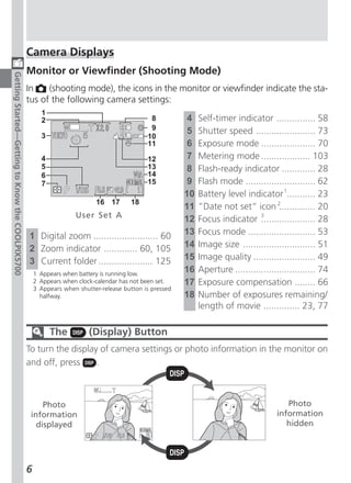 Camera Displays
                                                  Monitor or Viewfinder (Shooting Mode)
Getting Started—Getting to Know the COOLPIX5700




                                                  In    (shooting mode), the icons in the monitor or viewfinder indicate the sta-
                                                  tus of the following camera settings:
                                                        1
                                                        2                                     8           4   Self-timer indicator ............... 58
                                                                                              9           5   Shutter speed ....................... 73
                                                        3                                    10
                                                                                             11           6   Exposure mode ..................... 70
                                                        4                                    12           7   Metering mode ................... 103
                                                        5                                    13           8   Flash-ready indicator ............. 28
                                                        6                                    14
                                                        7                                    15           9   Flash mode ........................... 62
                                                                                                         10   Battery level indicator 1........... 23
                                                                           16 17        18
                                                                                                         11   ”Date not set“ icon 2.............. 20
                                                                    User Set A                           12   Focus indicator 3  ..................... 28
                                                  1 Digital zoom ......................... 60            13   Focus mode .......................... 53
                                                  2 Zoom indicator ............. 60, 105                 14   Image size ............................ 51
                                                  3 Current folder ..................... 125             15   Image quality ........................ 49
                                                      1 Appears when battery is running low.
                                                                                                         16   Aperture ............................... 74
                                                      2 Appears when clock-calendar has not been set.    17   Exposure compensation ........ 66
                                                      3 Appears when shutter-release button is pressed
                                                        halfway.                                         18   Number of exposures remaining/
                                                                                                              length of movie .............. 23, 77

                                                            The          (Display) Button
                                                  To turn the display of camera settings or photo information in the monitor on
                                                  and off, press     .



                                                       Photo                                                                               Photo
                                                   information                                                                          information
                                                     displayed                                                                             hidden




                                                  6
 
