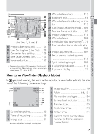 19                                                     24 White balance lock ............. 110
  20                                            28       25 Exposure lock ........................ 56
 21                                                 29 26 White balance bracketing indica-




                                                                                                                  Getting Started—Getting to Know the COOLPIX5700
 22
 23                                                 30
                                                    31      tor ...................................... 116
 24                                                 32 27 Continuous shooting mode .. 104
 25
                                                    33 28 Manual focus indicator ......... 80
26                                                  34 29 Image sharpening ............... 114
 27                                                 35
            36              37                           30 White balance .................... 101
                                                                                                      4
           User Sets 1, 2, and 3                         31 Sensitivity (ISO equivalency) .. 78
                                                         32 Black-and-white mode indicator
19 Progress bar (Ultra HS) ........ 105
                                                             .......................................... 108
20 User Setting No. (User Set) .... 68
                                                         33 Image adjustment ............... 107
21 Converter lens setting ......... 109
                                                         34 Focus areas / metering areas
22 Best Shot Selector (BSS) ...... 106
                                                             .......................................... 112
23 Noise reduction ................... 117
                                                         35 Spot metering target .......... 103
 4 Appears at sensitivity (ISO equivalency) setting oth- 36 Bracketing indicator ............ 116
   er than AUTO. ISO displayed when sensitivity is
   raised above ISO 100 in AUTO.                         37 Exposure display ................... 75

Monitor or Viewfinder (Playback Mode)
In    (playback mode), the icons in the monitor or viewfinder indicate the sta-
tus of the following camera settings:

                                                         4 Image quality ........................ 49
                                                         5 Folder ........................... 88, 121
                                                         6 File number and type .......... 134
                                                                                             *
                                                         7 Battery level indicator ........... 23
                                                         8 Transfer icon ....................... 155
                                                         9 Print-order icon ................... 153
1 Date of recording .................. 19               10 Protect icon ........................ 151
2 Time of recording ................. 19                11 Current frame number/total
3 Image size ............................ 51               number of frames visible in
  * Appears only when battery is running low.              current folder


                                                                                                              7
 