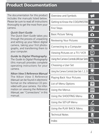 Product Documentation

The documentation for this product        Overview and Symbols
includes the manuals listed below.
Please be sure to read all instructions   Getting to Know the COOLPIX5700
thoroughly to get the most from your
camera.                                   First Steps
   Quick-Start Guide
                                          Basic Picture Taking
   The Quick-Start Guide takes you
   through the process of unpacking
                                          Reviewing Your Pictures
   and setting up your Nikon digital
   camera, taking your first photo-
                                          Connecting to a Computer
   graphs, and transferring them to
   your computer.
                                          Viewing Pictures on a TV / VCR
   Guide to Digital Photography
   The Guide to Digital Photography       Using the Camera Controls (All User Sets)
   (this manual) provides complete
   operating instructions for your        Choosing a User Set
   camera.
                                          Using the Camera Controls (User Sets 1, 2, 3)
   Nikon View 5 Reference Manual
   The Nikon View 5 Reference             Playing Back Your Pictures
   Manual can be found in electronic
   format on the reference CD pro-        List of Menu Options
   vided with your camera. For infor-
   mation on viewing the Reference        Using the Menus
   Manual, see “Connections” in this
   manual.                                Using the SHOOTING Menu

                                          Using the SET-UP Menu

                                          Using the PLAY BACK Menu

                                          Technical Notes

                                          Index



                                                                                          i
 