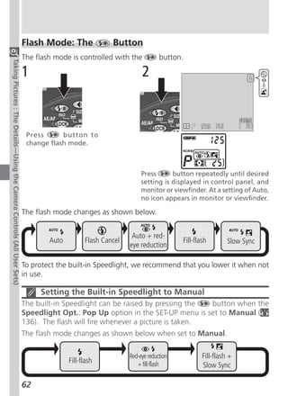 Flash Mode: The               Button
                                                                          The flash mode is controlled with the            button.
Taking Pictures : The Details—Using the Camera Controls (All User Sets)




                                                                          1                                        2


                                                                                                                                               F5.6
                                                                           Press      button to
                                                                           change flash mode.



                                                                                                                   Press      button repeatedly until desired
                                                                                                                   setting is displayed in control panel, and
                                                                                                                   monitor or viewfinder. At a setting of Auto,
                                                                                                                   no icon appears in monitor or viewfinder.

                                                                          The flash mode changes as shown below.


                                                                                                               Auto + red-
                                                                                  Auto         Flash Cancel                       Fill-flash          Slow Sync
                                                                                                              eye reduction

                                                                          To protect the built-in Speedlight, we recommend that you lower it when not
                                                                          in use.

                                                                               Setting the Built-in Speedlight to Manual
                                                                          The built-in Speedlight can be raised by pressing the  button when the
                                                                          Speedlight Opt.: Pop Up option in the SET-UP menu is set to Manual (
                                                                          136). The flash will fire whenever a picture is taken.
                                                                          The flash mode changes as shown below when set to Manual.

                                                                                                              Red-eye reduction           Fill-flash +
                                                                                         Fill-flash              + fill-flash             Slow Sync

                                                                          62
 
