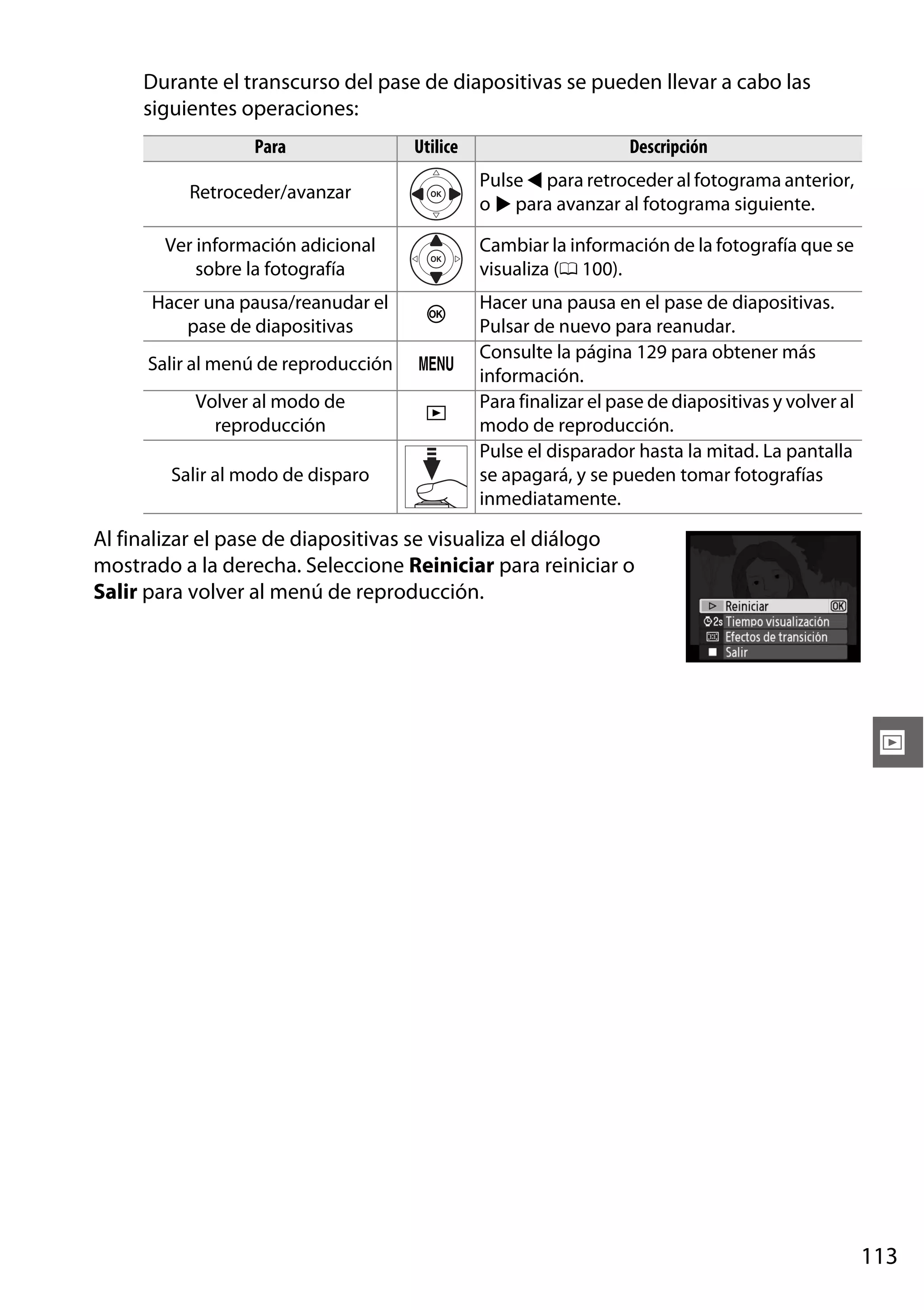 Durante el transcurso del pase de diapositivas se pueden llevar a cabo las
siguientes operaciones:
Para

Utilice

Descripción

Retroceder/avanzar

Pulse 4 para retroceder al fotograma anterior,
o 2 para avanzar al fotograma siguiente.

Ver información adicional
sobre la fotografía

Cambiar la información de la fotografía que se
visualiza (0 100).

Hacer una pausa/reanudar el
pase de diapositivas

J

Salir al menú de reproducción

G

Volver al modo de
reproducción

K

Salir al modo de disparo

Hacer una pausa en el pase de diapositivas.
Pulsar de nuevo para reanudar.
Consulte la página 129 para obtener más
información.
Para finalizar el pase de diapositivas y volver al
modo de reproducción.
Pulse el disparador hasta la mitad. La pantalla
se apagará, y se pueden tomar fotografías
inmediatamente.

Al finalizar el pase de diapositivas se visualiza el diálogo
mostrado a la derecha. Seleccione Reiniciar para reiniciar o
Salir para volver al menú de reproducción.

I

113

 