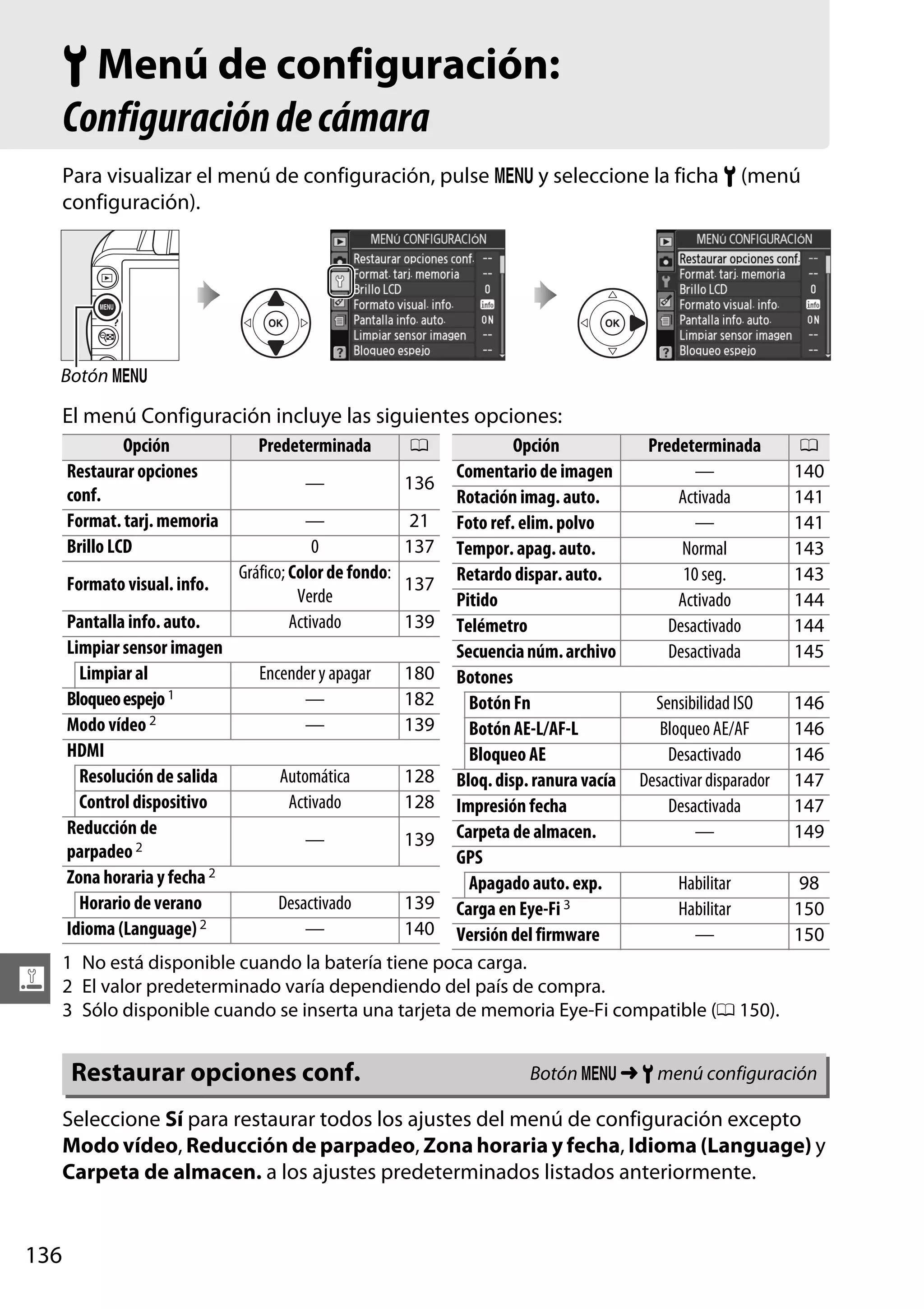 B Menú de configuración:
Configuración de cámara
Para visualizar el menú de configuración, pulse G y seleccione la ficha B (menú
configuración).

Botón G

El menú Configuración incluye las siguientes opciones:
Opción
Restaurar opciones
conf.
Format. tarj. memoria
Brillo LCD

g

Predeterminada

0

Opción
Predeterminada
Comentario de imagen
—
—
136
Rotación imag. auto.
Activada
—
21 Foto ref. elim. polvo
—
0
137 Tempor. apag. auto.
Normal
Gráfico; Color de fondo:
10 seg.
Formato visual. info.
137 Retardo dispar. auto.
Verde
Pitido
Activado
Pantalla info. auto.
Activado
139 Telémetro
Desactivado
Limpiar sensor imagen
Secuencia núm. archivo
Desactivada
Limpiar al
Encender y apagar
180 Botones
Bloqueo espejo 1
—
182
Botón Fn
Sensibilidad ISO
Modo vídeo 2
—
139
Botón AE-L/AF-L
Bloqueo AE/AF
HDMI
Bloqueo AE
Desactivado
Resolución de salida
Automática
128 Bloq. disp. ranura vacía Desactivar disparador
Control dispositivo
Activado
128 Impresión fecha
Desactivada
Reducción de
Carpeta de almacen.
—
—
139
parpadeo 2
GPS
Zona horaria y fecha 2
Apagado auto. exp.
Habilitar
Horario de verano
Desactivado
139 Carga en Eye-Fi 3
Habilitar
Idioma (Language) 2
—
140 Versión del firmware
—
1 No está disponible cuando la batería tiene poca carga.
2 El valor predeterminado varía dependiendo del país de compra.
3 Sólo disponible cuando se inserta una tarjeta de memoria Eye-Fi compatible (0 150).

Restaurar opciones conf.

0
140
141
141
143
143
144
144
145
146
146
146
147
147
149
98
150
150

Botón G ➜ B menú configuración

Seleccione Sí para restaurar todos los ajustes del menú de configuración excepto
Modo vídeo, Reducción de parpadeo, Zona horaria y fecha, Idioma (Language) y
Carpeta de almacen. a los ajustes predeterminados listados anteriormente.

136

 