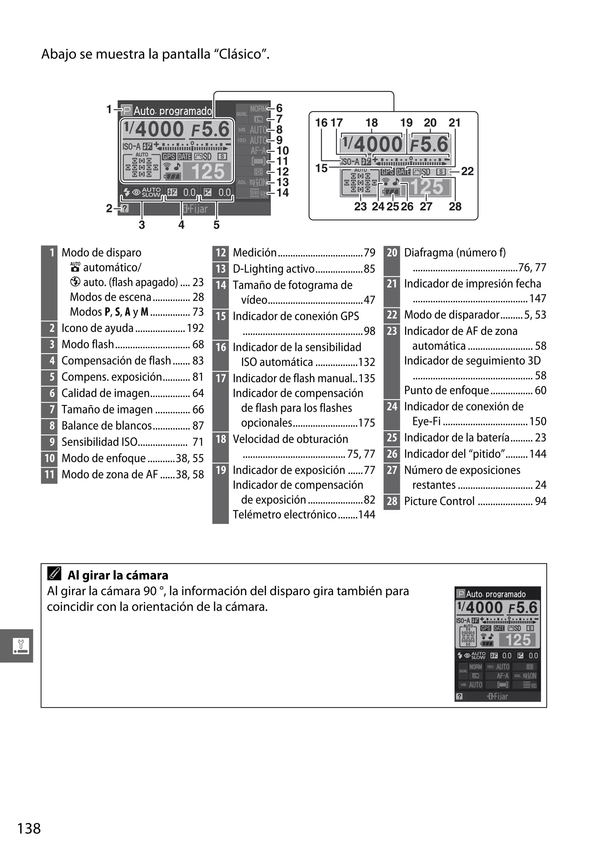 Abajo se muestra la pantalla “Clásico”.

6
7
8
9
10
11
12
13
14

1

18

19 20

15

3

4

1 Modo de disparo
i automático/
j auto. (flash apagado) .... 23
Modos de escena............... 28
Modos P, S, A y M ................ 73
2 Icono de ayuda .................... 192
3 Modo flash.............................. 68
4 Compensación de flash ....... 83
5 Compens. exposición........... 81
6 Calidad de imagen................ 64
7 Tamaño de imagen .............. 66
8 Balance de blancos............... 87
9 Sensibilidad ISO.................... 71
10 Modo de enfoque ...........38, 55
11 Modo de zona de AF ......38, 58

138

28

5

12 Medición..................................79 20
13 D-Lighting activo...................85
21
14 Tamaño de fotograma de
vídeo......................................47
22
15 Indicador de conexión GPS
................................................98 23
16 Indicador de la sensibilidad
ISO automática .................132
17 Indicador de flash manual..135
Indicador de compensación
24
de flash para los flashes
opcionales..........................175
25
18 Velocidad de obturación
......................................... 75, 77 26
19 Indicador de exposición ......77 27
Indicador de compensación
de exposición ......................82 28
Telémetro electrónico........144

Diafragma (número f)
..........................................76, 77
Indicador de impresión fecha
.............................................. 147
Modo de disparador......... 5, 53
Indicador de AF de zona
automática .......................... 58
Indicador de seguimiento 3D
................................................ 58
Punto de enfoque................. 60
Indicador de conexión de
Eye-Fi .................................. 150
Indicador de la batería......... 23
Indicador del “pitido”......... 144
Número de exposiciones
restantes .............................. 24
Picture Control ...................... 94

Al girar la cámara
Al girar la cámara 90 °, la información del disparo gira también para
coincidir con la orientación de la cámara.

g

21

22
23 24 25 26 27

2

A

16 17

 