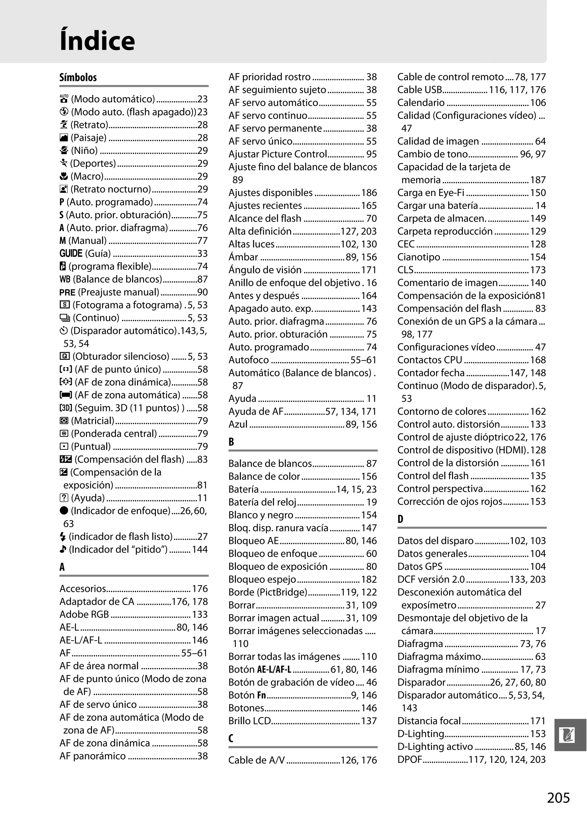 Índice
Símbolos
i (Modo automático)...................23
j (Modo auto. (flash apagado))23
k (Retrato).........................................28
l (Paisaje) .........................................28
p (Niño) .............................................29
m (Deportes).....................................29
n (Macro)...........................................29
o (Retrato nocturno).....................29
P (Auto. programado)....................74
S (Auto. prior. obturación)............75
A (Auto. prior. diafragma).............76
M (Manual) .........................................77
g (Guía) .......................................33
U (programa flexible).....................74
m (Balance de blancos)................87
L (Preajuste manual) .................90
8 (Fotograma a fotograma) . 5, 53
I (Continuo) .............................. 5, 53
E (Disparador automático).143, 5,
53, 54
J (Obturador silencioso) ....... 5, 53
c (AF de punto único) ................58
d (AF de zona dinámica)............58
e (AF de zona automática) .......58
f (Seguim. 3D (11 puntos) ) .....58
L (Matricial)......................................79
M (Ponderada central) ..................79
N (Puntual) .......................................79
Y (Compensación del flash) .....83
E (Compensación de la
exposición) ......................................81
d (Ayuda) ..........................................11
I (Indicador de enfoque)....26, 60,
63
N (indicador de flash listo)...........27
3 (Indicador del “pitido”) .......... 144

A
Accesorios....................................... 176
Adaptador de CA ................176, 178
Adobe RGB ..................................... 133
AE-L............................................ 80, 146
AE-L/AF-L ........................................146
AF.................................................. 55–61
AF de área normal ..........................38
AF de punto único (Modo de zona
de AF) ................................................58
AF de servo único ...........................38
AF de zona automática (Modo de
zona de AF)......................................58
AF de zona dinámica .....................58
AF panorámico ................................38

AF prioridad rostro ........................ 38
AF seguimiento sujeto................. 38
AF servo automático..................... 55
AF servo continuo.......................... 55
AF servo permanente................... 38
AF servo único................................. 55
Ajustar Picture Control................. 95
Ajuste fino del balance de blancos
89
Ajustes disponibles ..................... 186
Ajustes recientes .......................... 165
Alcance del flash ............................ 70
Alta definición......................127, 203
Altas luces..............................102, 130
Ámbar ....................................... 89, 156
Ángulo de visión .......................... 171
Anillo de enfoque del objetivo . 16
Antes y después ........................... 164
Apagado auto. exp...................... 143
Auto. prior. diafragma.................. 76
Auto. prior. obturación ................ 75
Auto. programado......................... 74
Autofoco .................................... 55–61
Automático (Balance de blancos) .
87
Ayuda ................................................. 11
Ayuda de AF...................57, 134, 171
Azul ............................................ 89, 156

B
Balance de blancos........................ 87
Balance de color ........................... 156
Batería ...................................14, 15, 23
Batería del reloj............................... 19
Blanco y negro .............................. 154
Bloq. disp. ranura vacía.............. 147
Bloqueo AE.............................. 80, 146
Bloqueo de enfoque ..................... 60
Bloqueo de exposición ................ 80
Bloqueo espejo............................. 182
Borde (PictBridge)...............119, 122
Borrar......................................... 31, 109
Borrar imagen actual ........... 31, 109
Borrar imágenes seleccionadas .....
110
Borrar todas las imágenes ........ 110
Botón AE-L/AF-L ................. 61, 80, 146
Botón de grabación de vídeo.... 46
Botón Fn.......................................9, 146
Botones............................................ 146
Brillo LCD......................................... 137

C
Cable de A/V .........................126, 176

Cable de control remoto ....78, 177
Cable USB..................... 116, 117, 176
Calendario ...................................... 106
Calidad (Configuraciones vídeo) ...
47
Calidad de imagen ........................ 64
Cambio de tono....................... 96, 97
Capacidad de la tarjeta de
memoria ........................................ 187
Carga en Eye-Fi ............................. 150
Cargar una batería......................... 14
Carpeta de almacen. ................... 149
Carpeta reproducción ................ 129
CEC .................................................... 128
Cianotipo ........................................ 154
CLS..................................................... 173
Comentario de imagen.............. 140
Compensación de la exposición81
Compensación del flash .............. 83
Conexión de un GPS a la cámara ...
98, 177
Configuraciones vídeo................. 47
Contactos CPU .............................. 168
Contador fecha ....................147, 148
Continuo (Modo de disparador).5,
53
Contorno de colores ................... 162
Control auto. distorsión............. 133
Control de ajuste dióptrico22, 176
Control de dispositivo (HDMI). 128
Control de la distorsión ............. 161
Control del flash ........................... 135
Control perspectiva..................... 162
Corrección de ojos rojos............ 153

D
Datos del disparo ................102, 103
Datos generales............................ 104
Datos GPS ....................................... 104
DCF versión 2.0 ....................133, 203
Desconexión automática del
exposímetro................................... 27
Desmontaje del objetivo de la
cámara.............................................. 17
Diafragma .................................. 73, 76
Diafragma máximo........................ 63
Diafragma mínimo ................. 17, 73
Disparador....................26, 27, 60, 80
Disparador automático.... 5, 53, 54,
143
Distancia focal............................... 171
D-Lighting....................................... 153
D-Lighting activo .................. 85, 146
DPOF.....................117, 120, 124, 203

n
205

 
