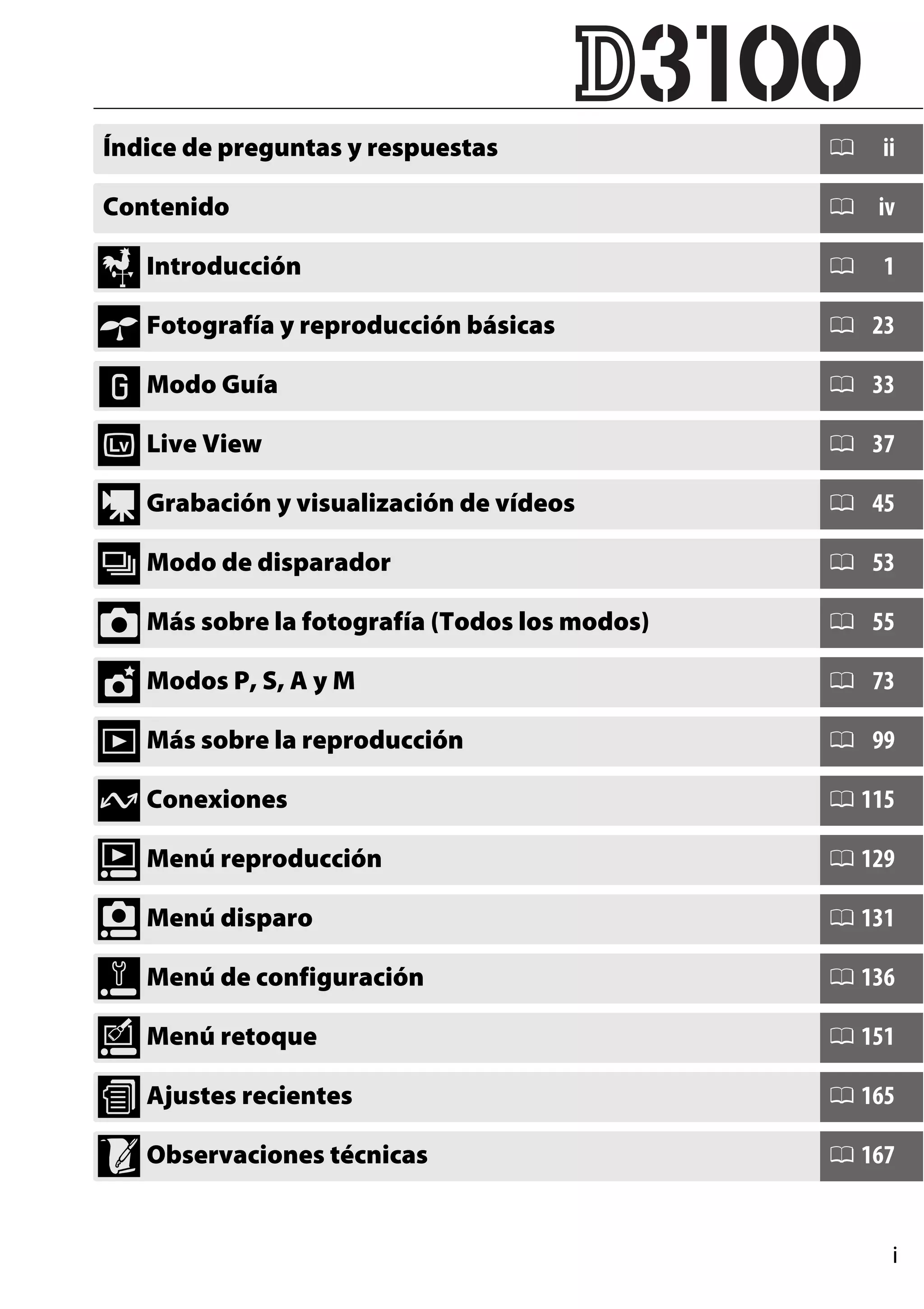 Índice de preguntas y respuestas

0

Contenido

0 iv

X Introducción
s Fotografía y reproducción básicas
! Modo Guía
x Live View
y Grabación y visualización de vídeos
k Modo de disparador
z Más sobre la fotografía (Todos los modos)
t Modos P, S, A y M
I Más sobre la reproducción
Q Conexiones
o Menú reproducción
i Menú disparo
g Menú de configuración
u Menú retoque
w Ajustes recientes
n Observaciones técnicas

0

ii

1

0 23
0 33
0 37
0 45
0 53
0 55
0 73
0 99
0 115
0 129
0 131
0 136
0 151
0 165
0 167

i

 
