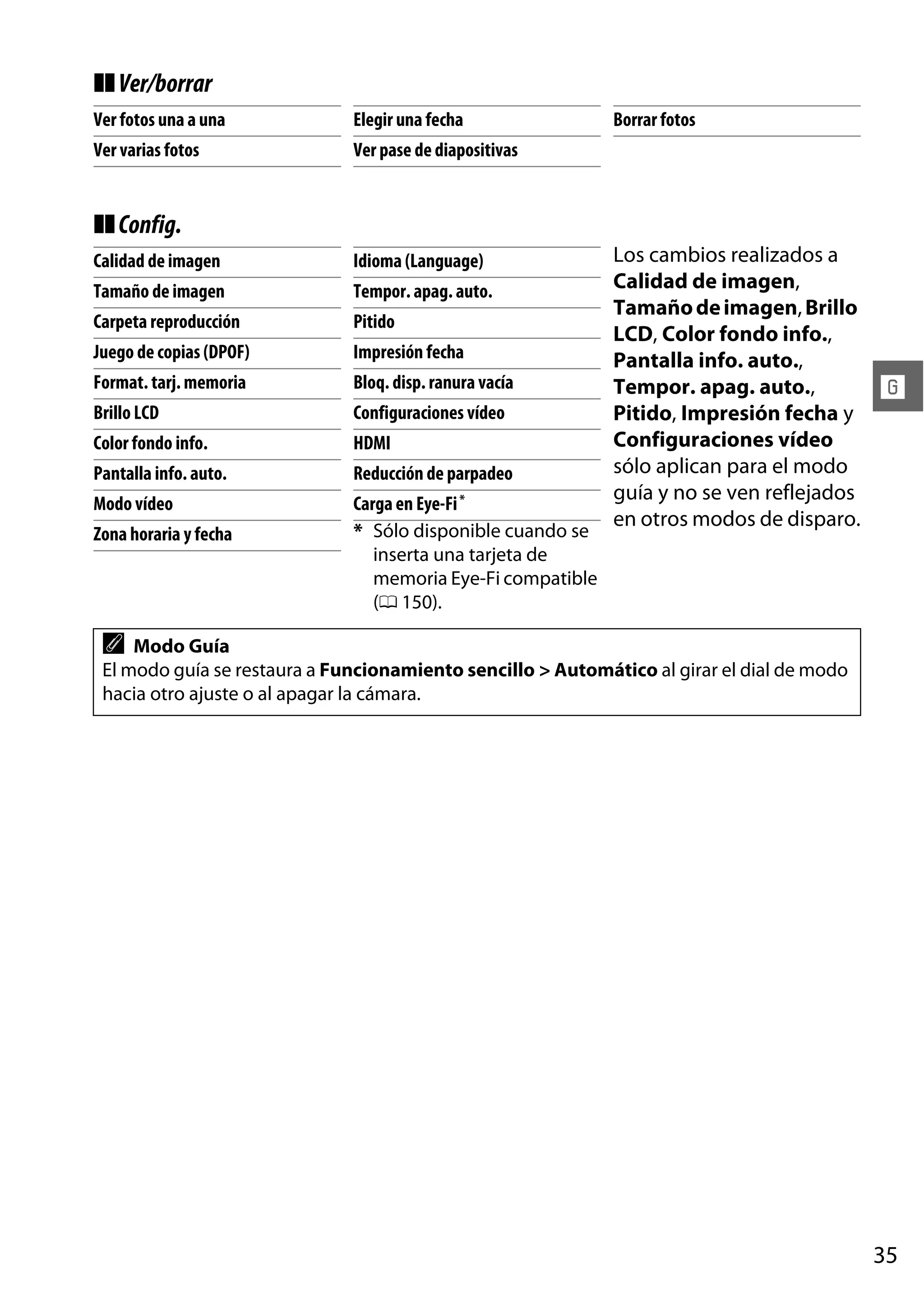 ❚❚ Ver/borrar
Ver fotos una a una

Elegir una fecha

Ver varias fotos

Ver pase de diapositivas

Borrar fotos

❚❚ Config.
Calidad de imagen

Idioma (Language)

Tamaño de imagen

Tempor. apag. auto.

Carpeta reproducción

Pitido

Juego de copias (DPOF)

Impresión fecha

Format. tarj. memoria

Bloq. disp. ranura vacía

Brillo LCD

Configuraciones vídeo

Color fondo info.

HDMI

Pantalla info. auto.

Reducción de parpadeo

Modo vídeo

Carga en Eye-Fi *
* Sólo disponible cuando se
inserta una tarjeta de
memoria Eye-Fi compatible
(0 150).

Zona horaria y fecha

Los cambios realizados a
Calidad de imagen,
Tamaño de imagen, Brillo
LCD, Color fondo info.,
Pantalla info. auto.,
Tempor. apag. auto.,
Pitido, Impresión fecha y
Configuraciones vídeo
sólo aplican para el modo
guía y no se ven reflejados
en otros modos de disparo.

!

A

Modo Guía
El modo guía se restaura a Funcionamiento sencillo > Automático al girar el dial de modo
hacia otro ajuste o al apagar la cámara.

35

 