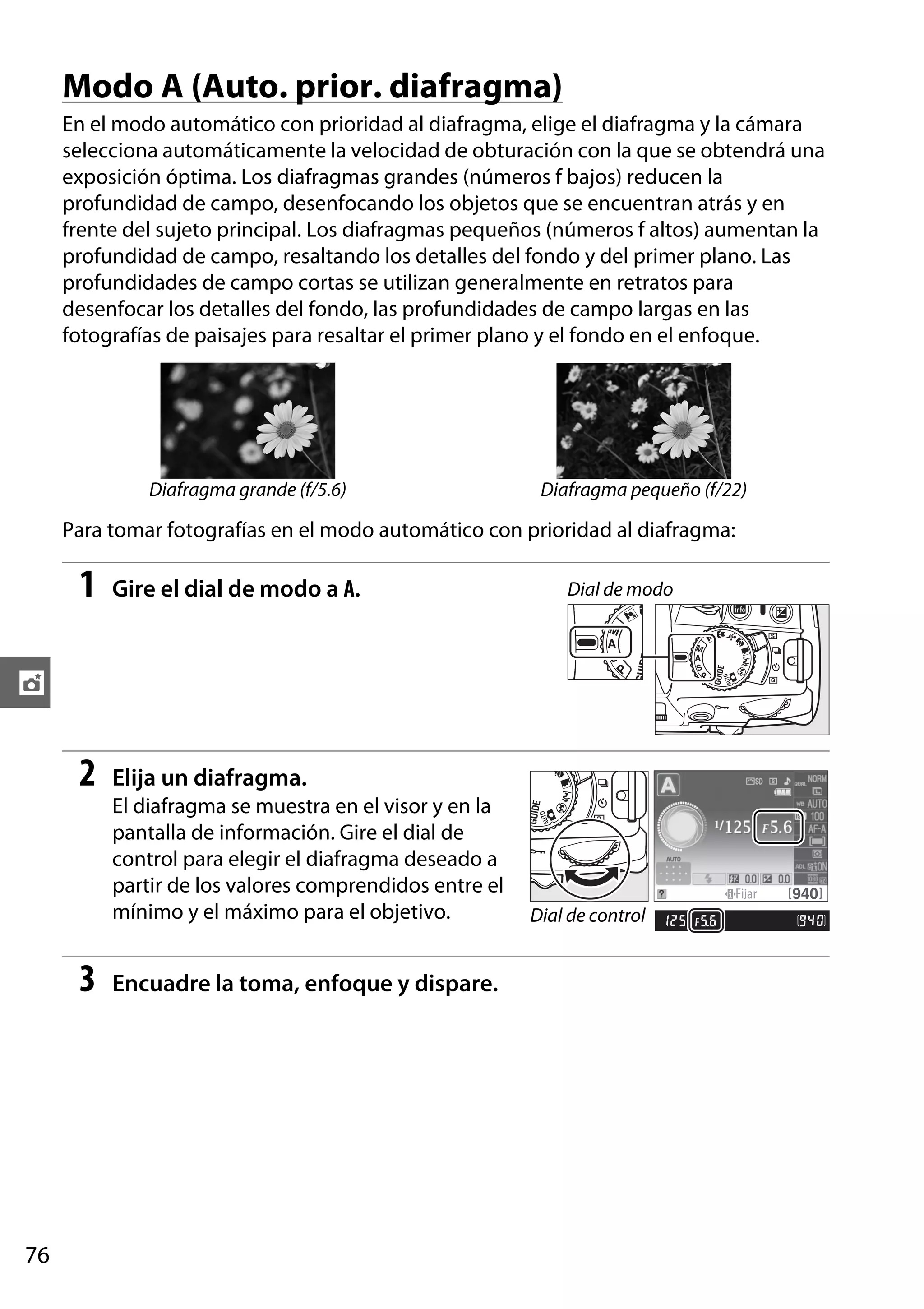 Modo A (Auto. prior. diafragma)
En el modo automático con prioridad al diafragma, elige el diafragma y la cámara
selecciona automáticamente la velocidad de obturación con la que se obtendrá una
exposición óptima. Los diafragmas grandes (números f bajos) reducen la
profundidad de campo, desenfocando los objetos que se encuentran atrás y en
frente del sujeto principal. Los diafragmas pequeños (números f altos) aumentan la
profundidad de campo, resaltando los detalles del fondo y del primer plano. Las
profundidades de campo cortas se utilizan generalmente en retratos para
desenfocar los detalles del fondo, las profundidades de campo largas en las
fotografías de paisajes para resaltar el primer plano y el fondo en el enfoque.

Diafragma grande (f/5.6)

Diafragma pequeño (f/22)

Para tomar fotografías en el modo automático con prioridad al diafragma:

1

Gire el dial de modo a A.

2

Elija un diafragma.

Dial de modo

t

El diafragma se muestra en el visor y en la
pantalla de información. Gire el dial de
control para elegir el diafragma deseado a
partir de los valores comprendidos entre el
mínimo y el máximo para el objetivo.

3

76

Encuadre la toma, enfoque y dispare.

Dial de control

 