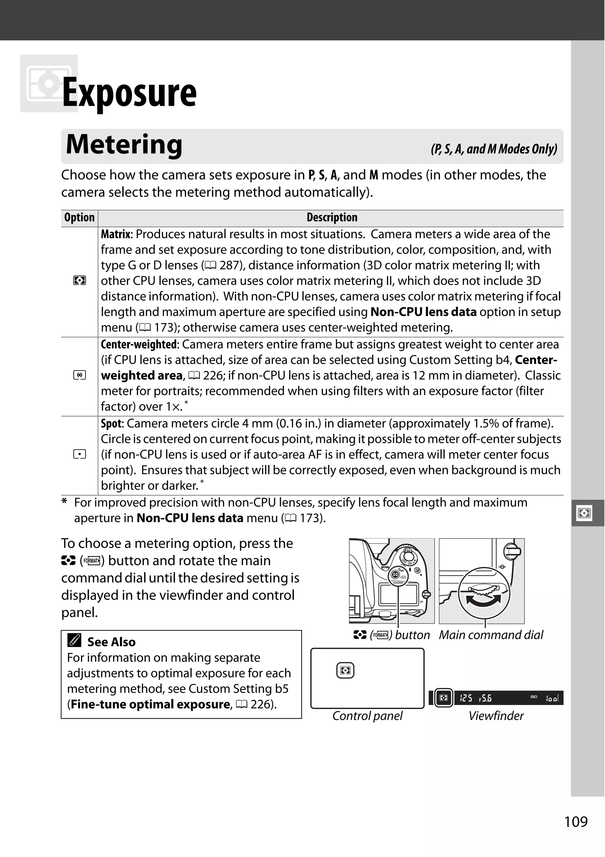 109
Z
Z
Exposure
Choose how the camera sets exposure in P, S, A, and M modes (in other modes, the
camera selects the metering method automatically).
To choose a metering option, press the
Z (Q) button and rotate the main
commanddialuntilthedesired settingis
displayed in the viewfinder and control
panel.
Metering
Option Description
a
Matrix: Produces natural results in most situations. Camera meters a wide area of the
frame and set exposure according to tone distribution, color, composition, and, with
type G or D lenses (0 287), distance information (3D color matrix metering II; with
other CPU lenses, camera uses color matrix metering II, which does not include 3D
distance information). With non-CPU lenses, camera uses color matrix metering if focal
length and maximum aperture are specified using Non-CPU lens data option in setup
menu (0 173); otherwise camera uses center-weighted metering.
Z
Center-weighted: Camera meters entire frame but assigns greatest weight to center area
(if CPU lens is attached, size of area can be selected using Custom Setting b4, Center-
weighted area, 0 226; if non-CPU lens is attached, area is 12 mm in diameter). Classic
meter for portraits; recommended when using filters with an exposure factor (filter
factor) over 1×.*
b
Spot: Camera meters circle 4 mm (0.16 in.) in diameter (approximately 1.5% of frame).
Circle is centered on current focus point, making it possible to meter off-center subjects
(if non-CPU lens is used or if auto-area AF is in effect, camera will meter center focus
point). Ensures that subject will be correctly exposed, even when background is much
brighter or darker.*
* For improved precision with non-CPU lenses, specify lens focal length and maximum
aperture in Non-CPU lens data menu (0 173).
A See Also
For information on making separate
adjustments to optimal exposure for each
metering method, see Custom Setting b5
(Fine-tune optimal exposure, 0 226).
(P,S,A,andMModesOnly)
Z (Q) button Main command dial
Control panel Viewfinder
 