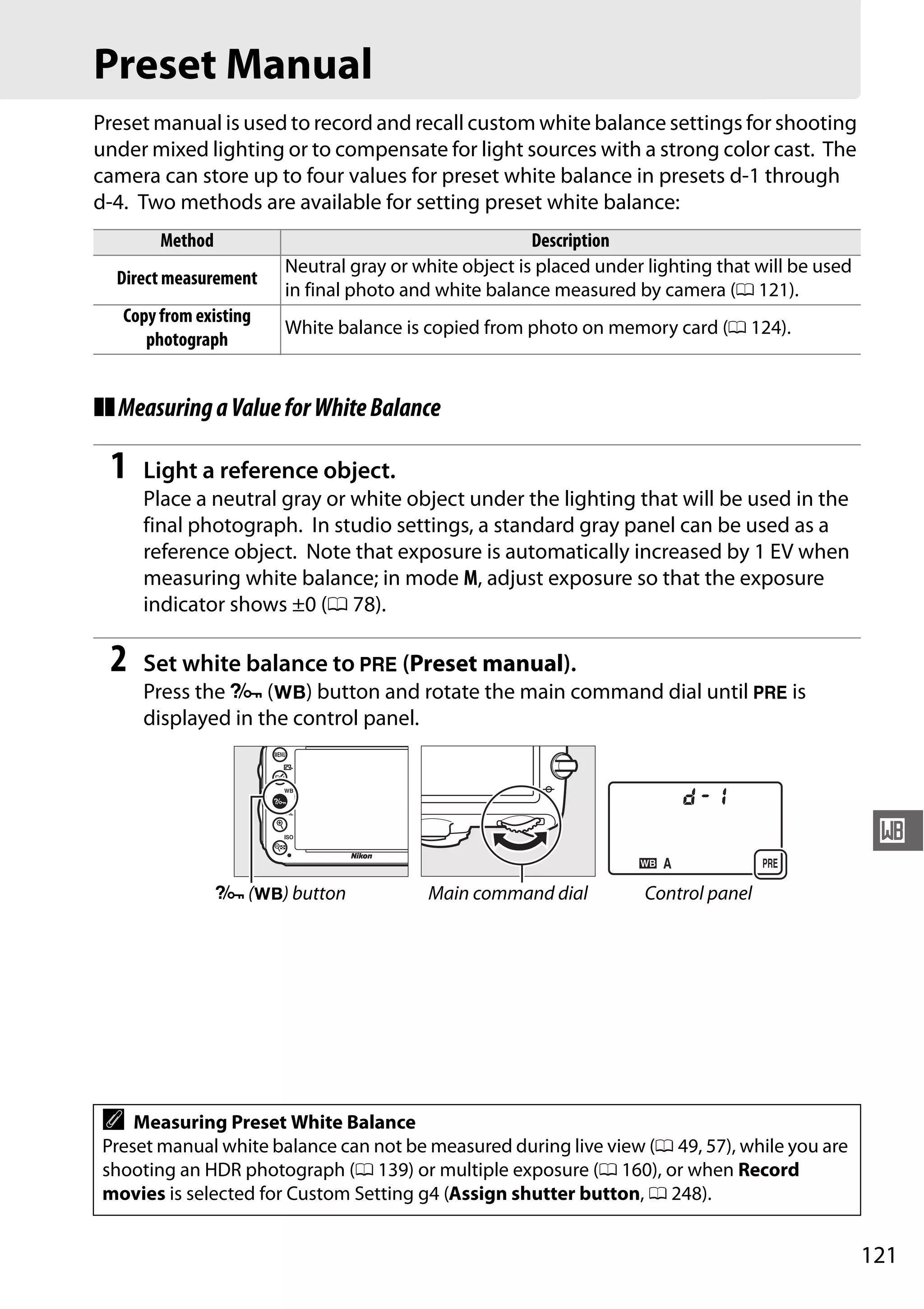 121
r
Preset Manual
Preset manual is used to record and recall custom white balance settings for shooting
under mixed lighting or to compensate for light sources with a strong color cast. The
camera can store up to four values for preset white balance in presets d-1 through
d-4. Two methods are available for setting preset white balance:
❚❚MeasuringaValueforWhiteBalance
1 Light a reference object.
Place a neutral gray or white object under the lighting that will be used in the
final photograph. In studio settings, a standard gray panel can be used as a
reference object. Note that exposure is automatically increased by 1 EV when
measuring white balance; in mode M, adjust exposure so that the exposure
indicator shows ±0 (0 78).
2 Set white balance to L (Preset manual).
Press the L (U) button and rotate the main command dial until L is
displayed in the control panel.
Method Description
Direct measurement
Neutral gray or white object is placed under lighting that will be used
in final photo and white balance measured by camera (0 121).
Copy from existing
photograph
White balance is copied from photo on memory card (0 124).
L (U) button Main command dial Control panel
A Measuring Preset White Balance
Preset manual white balance can not be measured during live view (0 49, 57), while you are
shooting an HDR photograph (0 139) or multiple exposure (0 160), or when Record
movies is selected for Custom Setting g4 (Assign shutter button, 0 248).
 