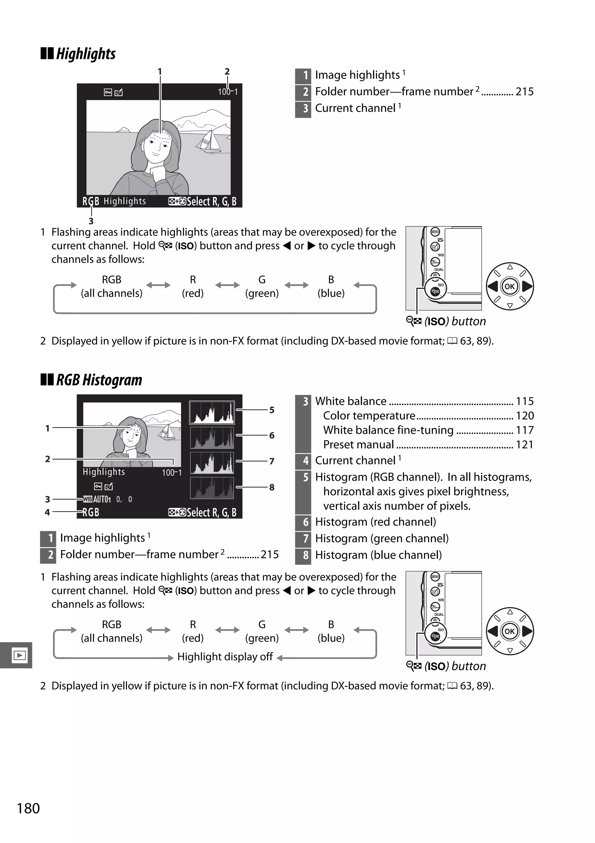 180
I
❚❚Highlights
❚❚RGBHistogram
100-1
RGB Highlights Select R, G, B
1 Image highlights 1
2 Folder number—frame number 2 ............. 215
3 Current channel 1
1 Flashing areas indicate highlights (areas that may be overexposed) for the
current channel. Hold W (S) button and press 4 or 2 to cycle through
channels as follows:
W (S) button
2 Displayed in yellow if picture is in non-FX format (including DX-based movie format; 0 63, 89).
RGB
(all channels)
R
(red)
G
(green)
B
(blue)
1 Image highlights1
2 Folder number—frame number2 .............215
100-1
RGB Select R, G, B
Highlights
3 White balance .................................................. 115
Color temperature....................................... 120
White balance fine-tuning ....................... 117
Preset manual ............................................... 121
4 Current channel 1
5 Histogram (RGB channel). In all histograms,
horizontal axis gives pixel brightness,
vertical axis number of pixels.
6 Histogram (red channel)
7 Histogram (green channel)
8 Histogram (blue channel)
1 Flashing areas indicate highlights (areas that may be overexposed) for the
current channel. Hold W (S) button and press 4 or 2 to cycle through
channels as follows:
W (S) button
2 Displayed in yellow if picture is in non-FX format (including DX-based movie format; 0 63, 89).
RGB
(all channels)
R
(red)
G
(green)
B
(blue)
Highlight display off
 