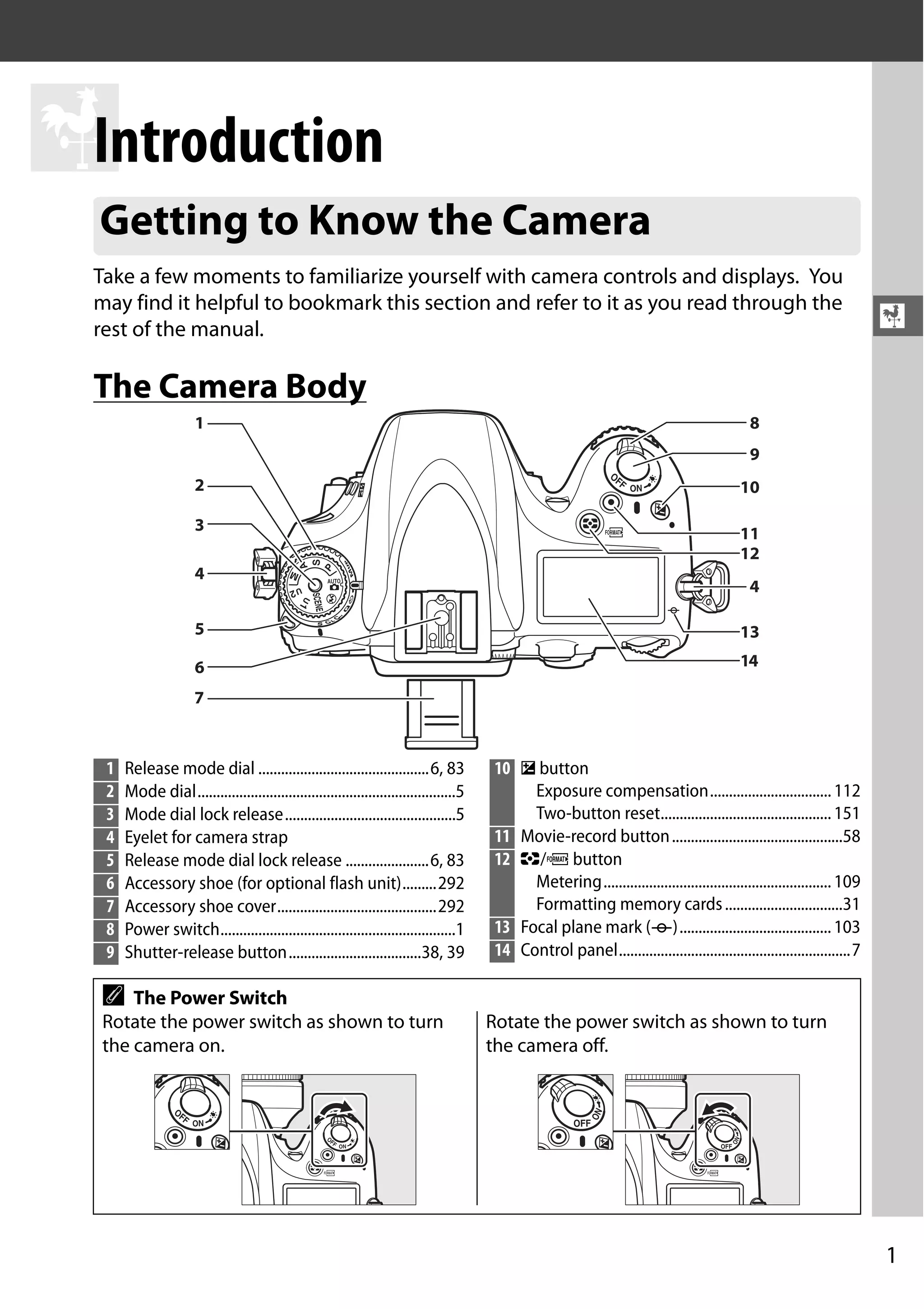 1
X
X
Introduction
Take a few moments to familiarize yourself with camera controls and displays. You
may find it helpful to bookmark this section and refer to it as you read through the
rest of the manual.
The Camera Body
Getting to Know the Camera
1 Release mode dial .............................................6, 83
2 Mode dial....................................................................5
3 Mode dial lock release.............................................5
4 Eyelet for camera strap
5 Release mode dial lock release ......................6, 83
6 Accessory shoe (for optional flash unit).........292
7 Accessory shoe cover..........................................292
8 Power switch..............................................................1
9 Shutter-release button...................................38, 39
10 E button
Exposure compensation................................112
Two-button reset.............................................151
11 Movie-record button.............................................58
12 Z/Q button
Metering............................................................109
Formatting memory cards...............................31
13 Focal plane mark (E)........................................103
14 Control panel.............................................................7
A The Power Switch
Rotate the power switch as shown to turn
the camera on.
Rotate the power switch as shown to turn
the camera off.
 