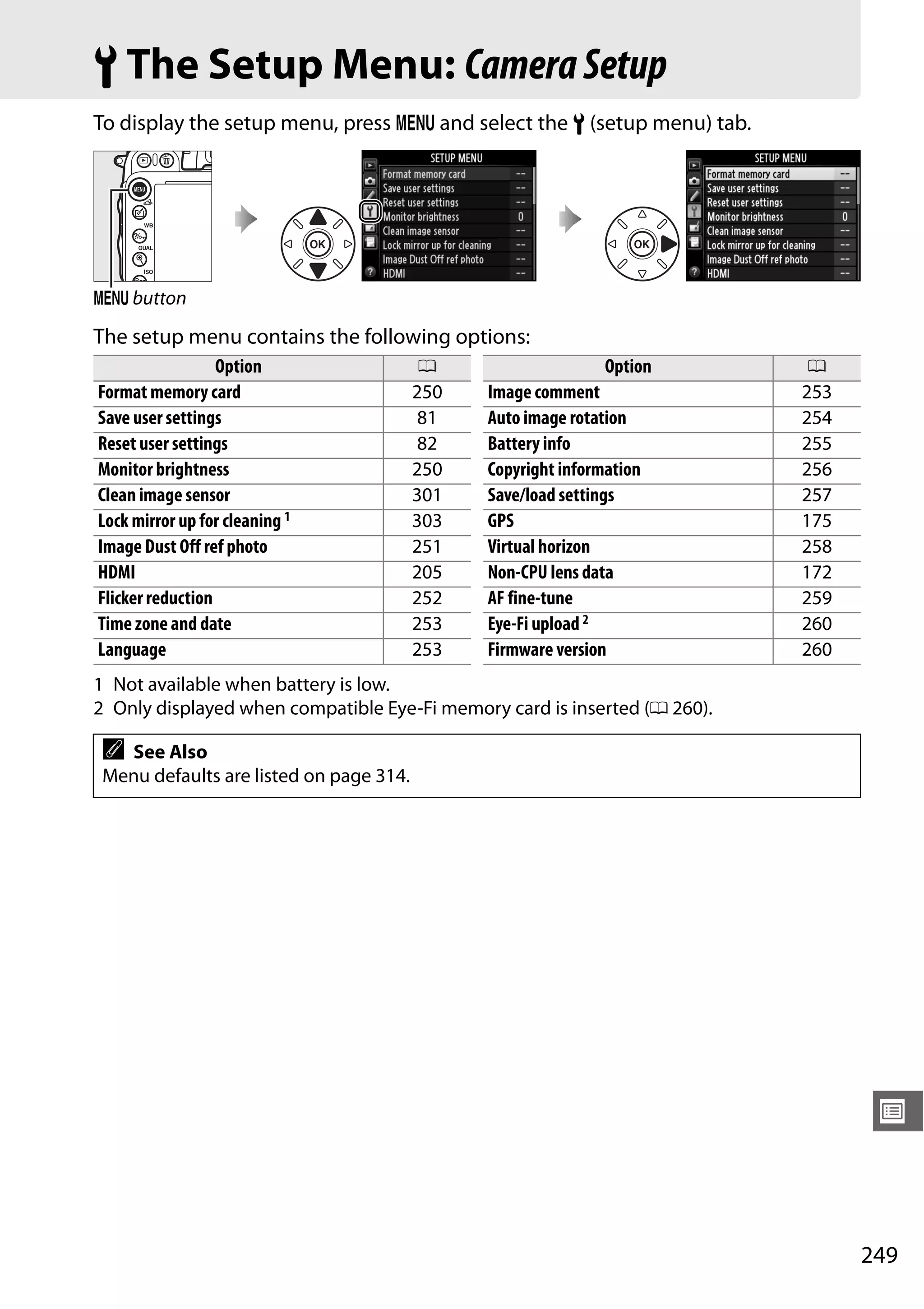 249
U
B The Setup Menu: CameraSetup
To display the setup menu, press G and select the B (setup menu) tab.
The setup menu contains the following options:
1 Not available when battery is low.
2 Only displayed when compatible Eye-Fi memory card is inserted (0 260).
G button
Option 0
Format memory card 250
Save user settings 81
Reset user settings 82
Monitor brightness 250
Clean image sensor 301
Lock mirror up for cleaning 1 303
Image Dust Off ref photo 251
HDMI 205
Flicker reduction 252
Time zone and date 253
Language 253
Image comment 253
Auto image rotation 254
Battery info 255
Copyright information 256
Save/load settings 257
GPS 175
Virtual horizon 258
Non-CPU lens data 172
AF fine-tune 259
Eye-Fi upload 2 260
Firmware version 260
Option 0
A See Also
Menu defaults are listed on page 314.
 