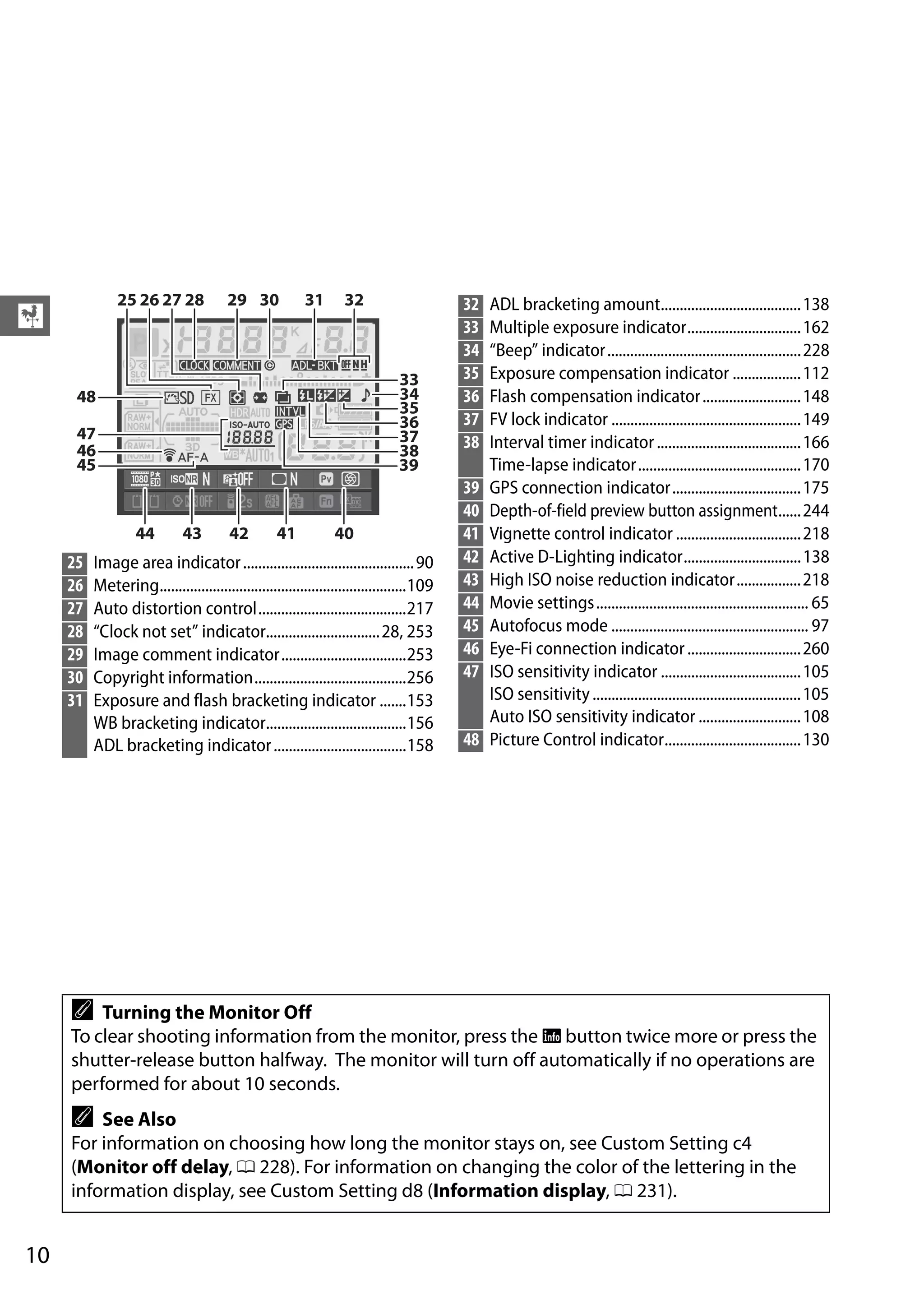 10
X
25 Image area indicator.............................................90
26 Metering.................................................................109
27 Auto distortion control.......................................217
28 “Clock not set” indicator..............................28, 253
29 Image comment indicator.................................253
30 Copyright information........................................256
31 Exposure and flash bracketing indicator .......153
WB bracketing indicator.....................................156
ADL bracketing indicator...................................158
32 ADL bracketing amount.....................................138
33 Multiple exposure indicator..............................162
34 “Beep” indicator...................................................228
35 Exposure compensation indicator ..................112
36 Flash compensation indicator..........................148
37 FV lock indicator ..................................................149
38 Interval timer indicator......................................166
Time-lapse indicator...........................................170
39 GPS connection indicator..................................175
40 Depth-of-field preview button assignment......244
41 Vignette control indicator .................................218
42 Active D-Lighting indicator...............................138
43 High ISO noise reduction indicator.................218
44 Movie settings........................................................ 65
45 Autofocus mode .................................................... 97
46 Eye-Fi connection indicator..............................260
47 ISO sensitivity indicator .....................................105
ISO sensitivity.......................................................105
Auto ISO sensitivity indicator ...........................108
48 Picture Control indicator....................................130
A Turning the Monitor Off
To clear shooting information from the monitor, press the R button twice more or press the
shutter-release button halfway. The monitor will turn off automatically if no operations are
performed for about 10 seconds.
A See Also
For information on choosing how long the monitor stays on, see Custom Setting c4
(Monitor off delay, 0 228). For information on changing the color of the lettering in the
information display, see Custom Setting d8 (Information display, 0 231).
 