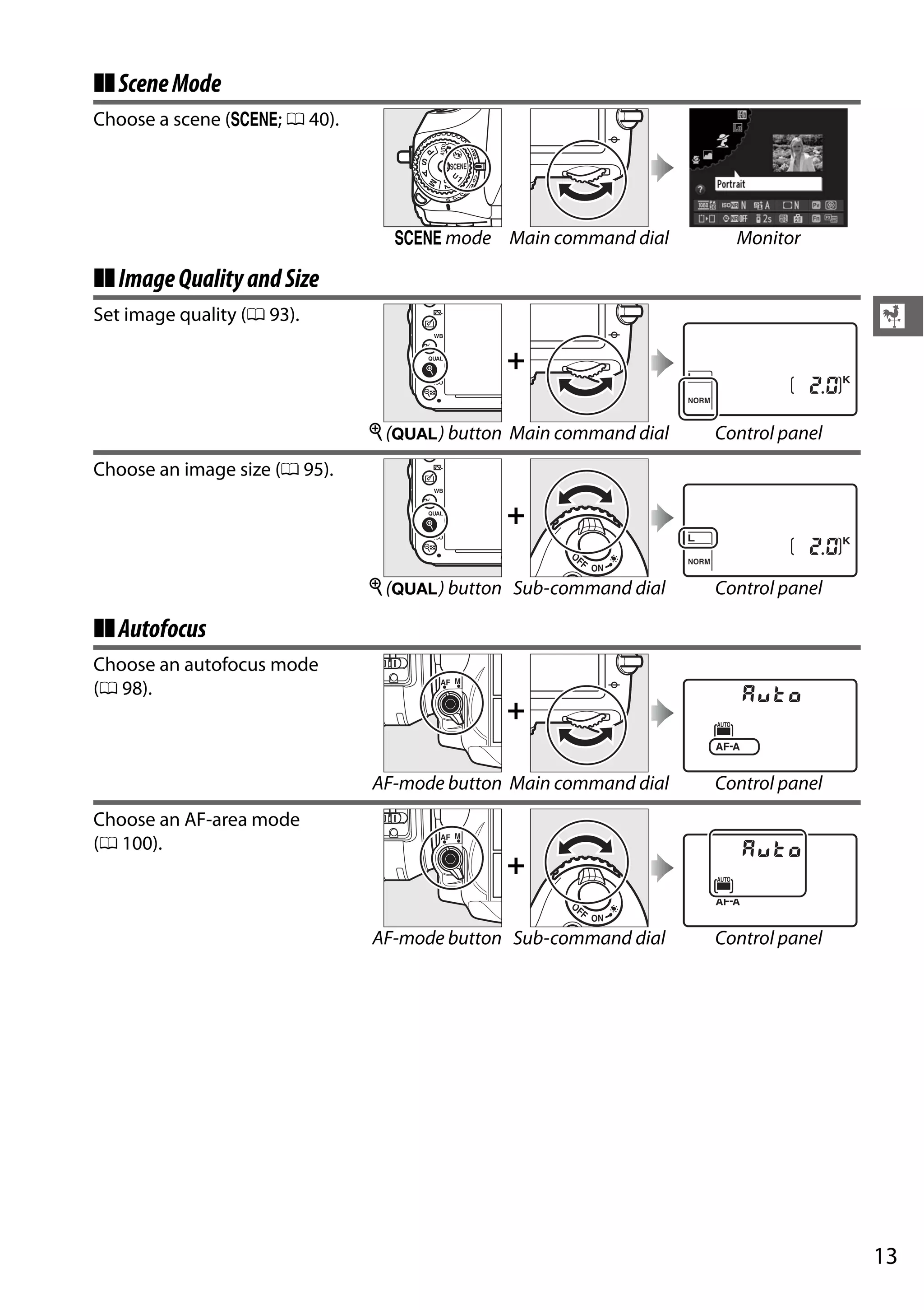 13
X
❚❚SceneMode
❚❚ImageQualityandSize
❚❚Autofocus
Choose a scene (h; 0 40).
h mode Main command dial Monitor
Set image quality (0 93).
+
X (T) button Main command dial Control panel
Choose an image size (0 95).
+
X (T) button Sub-command dial Control panel
Choose an autofocus mode
(0 98).
+
AF-mode button Main command dial Control panel
Choose an AF-area mode
(0 100).
+
AF-mode button Sub-command dial Control panel
 