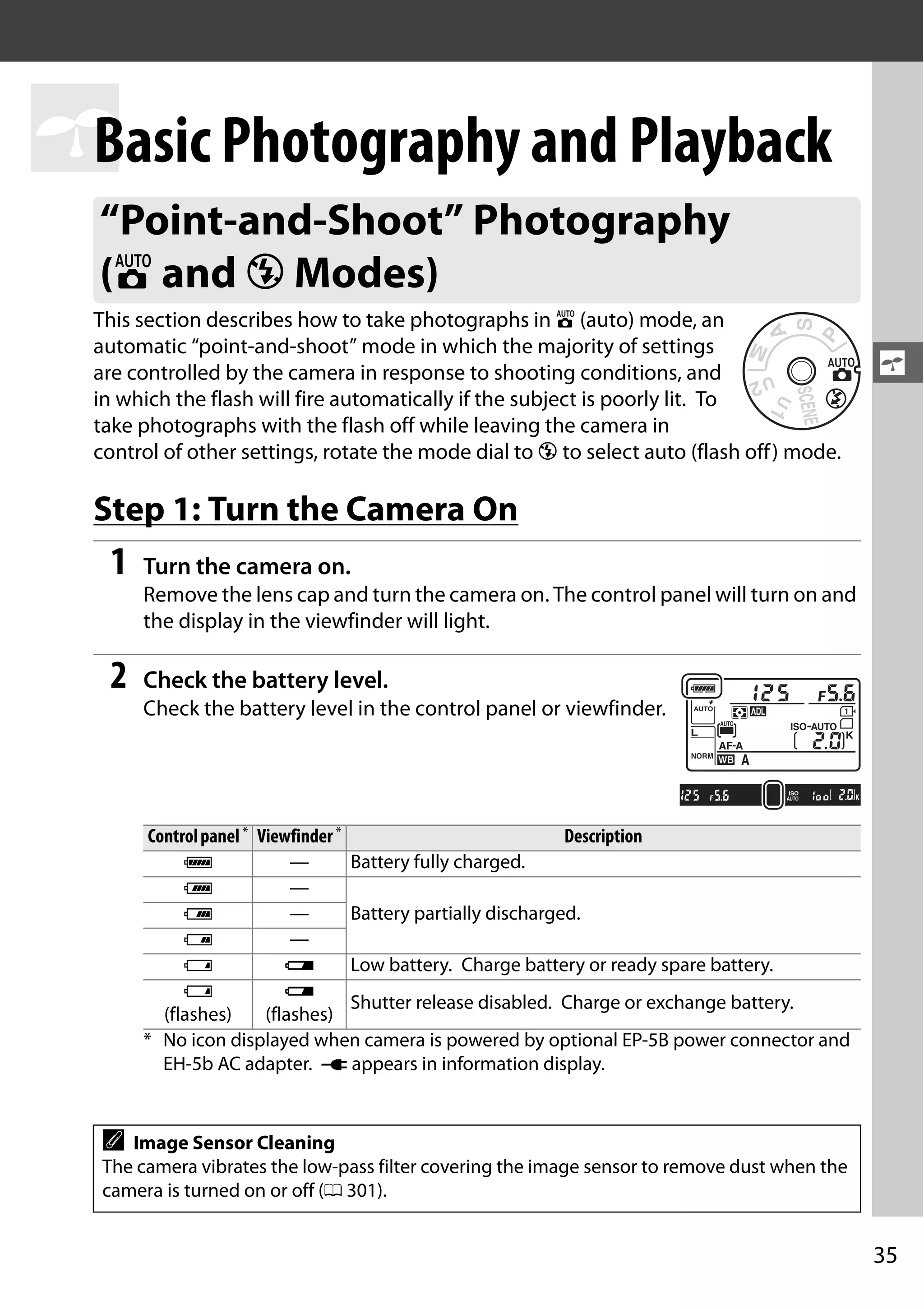 35
s
s
Basic Photography and Playback
This section describes how to take photographs in i (auto) mode, an
automatic “point-and-shoot” mode in which the majority of settings
are controlled by the camera in response to shooting conditions, and
in which the flash will fire automatically if the subject is poorly lit. To
take photographs with the flash off while leaving the camera in
control of other settings, rotate the mode dial to j to select auto (flash off) mode.
Step 1: Turn the Camera On
1 Turn the camera on.
Remove the lens cap and turn the camera on. The control panel will turn on and
the display in the viewfinder will light.
2 Check the battery level.
Check the battery level in the control panel or viewfinder.
“Point-and-Shoot” Photography
(i and j Modes)
Controlpanel* Viewfinder* Description
L — Battery fully charged.
K —
Battery partially discharged.J —
I —
H d Low battery. Charge battery or ready spare battery.
H
(flashes)
d
(flashes)
Shutter release disabled. Charge or exchange battery.
* No icon displayed when camera is powered by optional EP-5B power connector and
EH-5b AC adapter. V appears in information display.
A Image Sensor Cleaning
The camera vibrates the low-pass filter covering the image sensor to remove dust when the
camera is turned on or off (0 301).
 