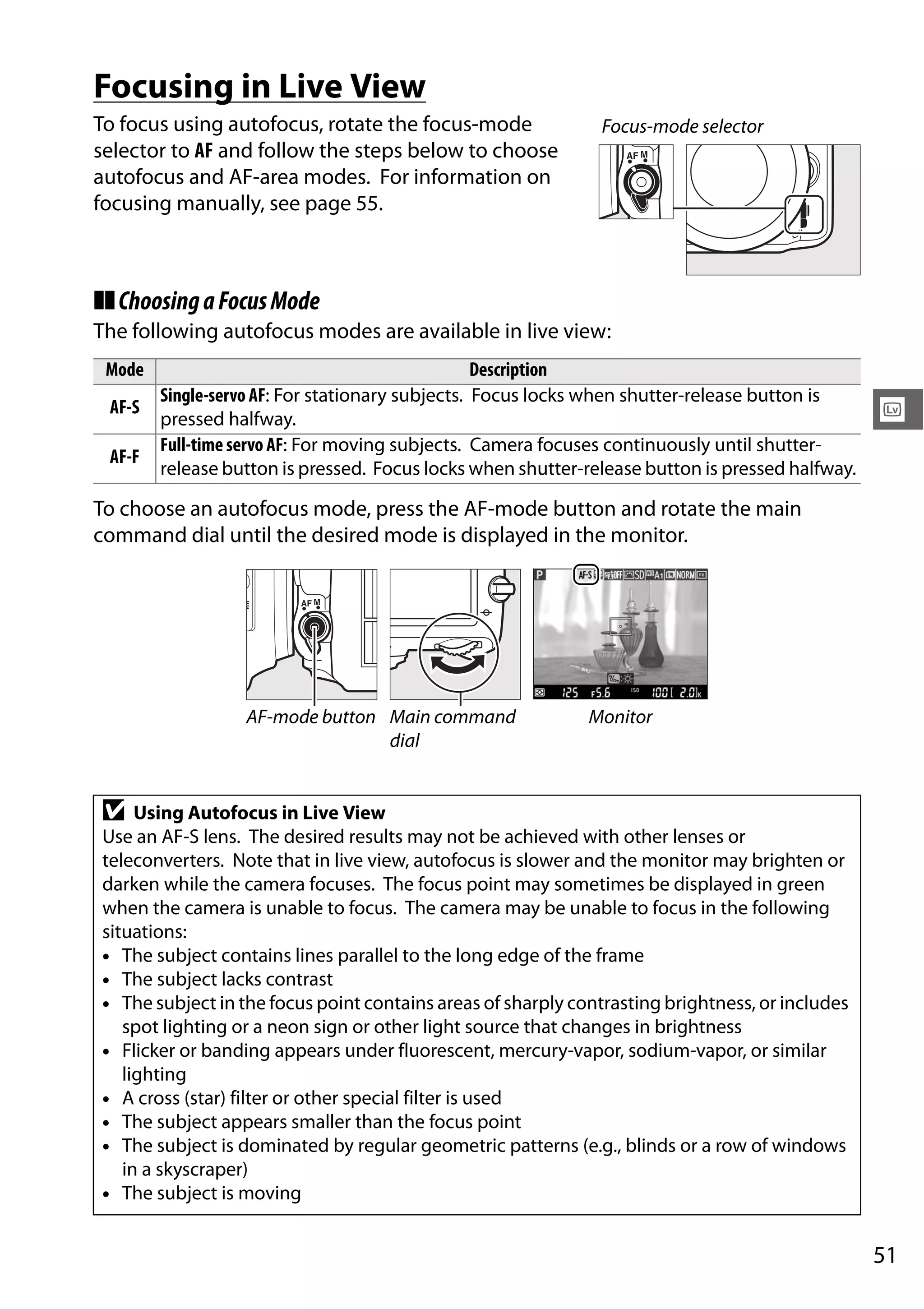 51
x
Focusing in Live View
To focus using autofocus, rotate the focus-mode
selector to AF and follow the steps below to choose
autofocus and AF-area modes. For information on
focusing manually, see page 55.
❚❚ChoosingaFocusMode
The following autofocus modes are available in live view:
To choose an autofocus mode, press the AF-mode button and rotate the main
command dial until the desired mode is displayed in the monitor.
Mode Description
AF-S
Single-servo AF: For stationary subjects. Focus locks when shutter-release button is
pressed halfway.
AF-F
Full-time servo AF: For moving subjects. Camera focuses continuously until shutter-
release button is pressed. Focus locks when shutter-release button is pressed halfway.
AF-mode button Main command
dial
Monitor
D Using Autofocus in Live View
Use an AF-S lens. The desired results may not be achieved with other lenses or
teleconverters. Note that in live view, autofocus is slower and the monitor may brighten or
darken while the camera focuses. The focus point may sometimes be displayed in green
when the camera is unable to focus. The camera may be unable to focus in the following
situations:
• The subject contains lines parallel to the long edge of the frame
• The subject lacks contrast
• The subject in the focus point contains areas of sharply contrasting brightness, or includes
spot lighting or a neon sign or other light source that changes in brightness
• Flicker or banding appears under fluorescent, mercury-vapor, sodium-vapor, or similar
lighting
• A cross (star) filter or other special filter is used
• The subject appears smaller than the focus point
• The subject is dominated by regular geometric patterns (e.g., blinds or a row of windows
in a skyscraper)
• The subject is moving
Focus-mode selector
 