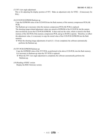 VBA10401-R.3623.A
　(7) TFT view angle adjustment
   This is for adjusting the display position of TFT. Make an adjustment only for NTSC. (Unnecessary for
   PAL)


　(8) CCD-PCB EEPROM flashram up
    Copy the EEPROM value of the CCD-PCB into the flash memory of the memory compression PCB (AK
    PCB).
    The flashram up is necessary when the memory compression PCB (AK PCB) is replaced.　
    The shooting image-related adjustment values are stored in EEPROM of the CCD-PCB, but the camera
    does not directly access the CCD-PCB EEPROM. It does read out the value, which is stored in the flash
    memory of the AK PCB of the memory compression PCB, and go to RAM to operate. Therefore, to reflect
    the adjustment value, it is necessary to copy the stored value of the CCD-PCB EEPROM into the flash
    memory.
    ※ When the shooting image adjustments of each (1) - (3) are completed, the software automatically
         performs the flashram-up.


　(9) TFT PCB EEPROM flashram up
     Copy the EEPROM value of the TFT PCB, as performed in the above CCD-PCB, into the flash memory.
     It is necessary to flashram up when the TFT PCB is replaced.　
     ※ When the TFT view angle adjustment is completed, the software automatically performs the
          flashram-up.

　(10) Reading of RISC version
     Display the RISC firmware version.




                                          - Ａ52 ･           -
 