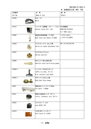 VBA10401-R.3623.A
                                              ★：新規設定工具・NEW　TOOL
工具番号        名　称                                備　考
Tool No.    Name of tool                       Others
J19109     ＭＣ－３1
           MC-31　　　　


J19123     シャッタ－試験機　ＥＦ－ 1（ＣＥ） 共立電機製
           Shutter Tester EF-1（CE）            KYORITSU ELECTRIC
                                              ＥＦ -8000 usable

J19002     縦型焦点面検査機　LT-500S                   Ｊ 19110 usable
           Back focus collimator LT-500S      Ｊ 19110 でも代用可



J18324     サブミラー４５°出し工具                       FOR　F5,F100,F80,F65
           Sub mirror angle adjustment tool


J18037     オプチカルパラレル
           Optical parallel


J18004     絞りレバー高さ点検工具
           Aperture lever positioning gauge


J19004-1   インジケータ及びスタンド
           （ボディバック台、ゲージ）
           Dial indicator and Stand

J18001-1   ボディバック出し工具
           Body back focus gauge


J19001     無限合致コリメーター F=600mm
           Collimator　F=600mm


J18010     無限大合致基準レンズ　50/1.8
           Infinity　Standeard　Lens　50/1.8



J18267     ＡＦ５０／１．４Ｄ
           Lens AF50/1.4D


J15274     J15264 用チャートボード
           Chart board for J15264




                 - T2 ･         -
 