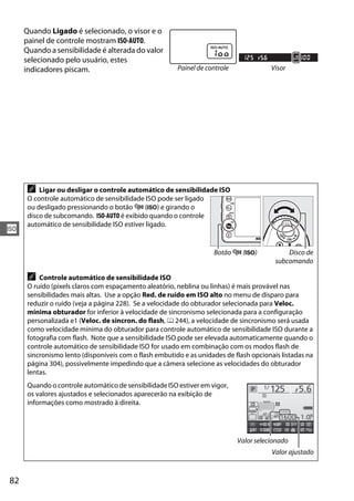 82
S
Quando Ligado é selecionado, o visor e o
painel de controle mostram ISO-AUTO.
Quando a sensibilidade é alterada do valor
selecionado pelo usuário, estes
indicadores piscam.
A Ligar ou desligar o controle automático de sensibilidade ISO
O controle automático de sensibilidade ISO pode ser ligado
ou desligado pressionando o botão W (S) e girando o
disco de subcomando. ISO-AUTO é exibido quando o controle
automático de sensibilidade ISO estiver ligado.
A Controle automático de sensibilidade ISO
O ruído (pixels claros com espaçamento aleatório, neblina ou linhas) é mais provável nas
sensibilidades mais altas. Use a opção Red. de ruído em ISO alto no menu de disparo para
reduzir o ruído (veja a página 228). Se a velocidade do obturador selecionada para Veloc.
mínima obturador for inferior à velocidade de sincronismo selecionada para a configuração
personalizada e1 (Veloc. de sincron. do flash, 0 244), a velocidade de sincronismo será usada
como velocidade mínima do obturador para controle automático de sensibilidade ISO durante a
fotografia com flash. Note que a sensibilidade ISO pode ser elevada automaticamente quando o
controle automático de sensibilidade ISO for usado em combinação com os modos flash de
sincronismo lento (disponíveis com o flash embutido e as unidades de flash opcionais listadas na
página 304), possivelmente impedindo que a câmera selecione as velocidades do obturador
lentas.
Quando o controle automático de sensibilidade ISO estiver em vigor,
os valores ajustados e selecionados aparecerão na exibição de
informações como mostrado à direita.
Painel de controle Visor
Botão W (S) Disco de
subcomando
Valor ajustado
Valor selecionado
 