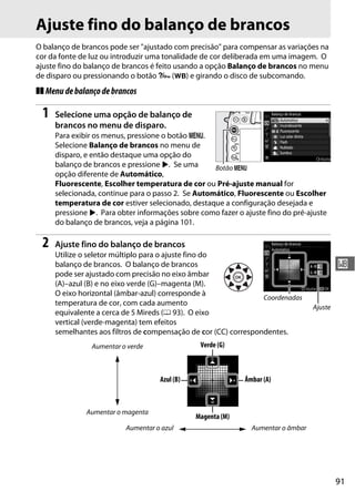 91
r
Ajuste fino do balanço de brancos
O balanço de brancos pode ser "ajustado com precisão" para compensar as variações na
cor da fonte de luz ou introduzir uma tonalidade de cor deliberada em uma imagem. O
ajuste fino do balanço de brancos é feito usando a opção Balanço de brancos no menu
de disparo ou pressionando o botão L (U) e girando o disco de subcomando.
❚❚ Menudebalançodebrancos
1 Selecione uma opção de balanço de
brancos no menu de disparo.
Para exibir os menus, pressione o botão G.
Selecione Balanço de brancos no menu de
disparo, e então destaque uma opção do
balanço de brancos e pressione 2. Se uma
opção diferente de Automático,
Fluorescente, Escolher temperatura de cor ou Pré-ajuste manual for
selecionada, continue para o passo 2. Se Automático, Fluorescente ou Escolher
temperatura de cor estiver selecionado, destaque a configuração desejada e
pressione 2. Para obter informações sobre como fazer o ajuste fino do pré-ajuste
do balanço de brancos, veja a página 101.
2 Ajuste fino do balanço de brancos
Utilize o seletor múltiplo para o ajuste fino do
balanço de brancos. O balanço de brancos
pode ser ajustado com precisão no eixo âmbar
(A)–azul (B) e no eixo verde (G)–magenta (M).
O eixo horizontal (âmbar-azul) corresponde à
temperatura de cor, com cada aumento
equivalente a cerca de 5 Mireds (0 93). O eixo
vertical (verde-magenta) tem efeitos
semelhantes aos filtros de compensação de cor (CC) correspondentes.
Botão G
Coordenadas
Ajuste
Aumentar o verde
Aumentar o magenta
Aumentar o azul Aumentar o âmbar
Verde (G)
Magenta (M)
Azul (B) Âmbar (A)
 