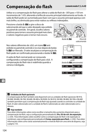 124
l
Compensação do flash
Utiliza-se a compensação do flash para alterar a saída do flash de –3EV para +1EV em
incrementos de 1/3EV, alterando o brilho do assunto principal relativamente ao fundo. A
saída do flash pode ser aumentada para fazer com que o assunto principal apareça com
mais brilho, ou diminuída para evitar realces ou reflexos indesejados.
Pressione o botão M (Y) e gire o disco de
subcomando até que o valor desejado seja exibido
no painel de controle. Em geral, escolha valores
positivos para tornar o assunto principal mais claro,
e valores negativos para o tornar mais escuro.
Nos valores diferentes de ±0,0, um ícone Y será
exibido no painel de controle e no visor depois do botão
M (Y) ser liberado. O valor atual para a compensação do
flash pode ser confirmado pressionando o botão M (Y).
A saída de flash normal pode ser restaurada
configurando a compensação do flash para ±0,0. A
compensação do flash não é redefinida quando a
câmera é desligada.
A Unidades de flash opcionais
A compensação do flash também está disponível com as unidades de flash opcionais SB-910,
SB-900, SB-800, SB-700, SB-600, SB-400 e SB-R200. Os SB-910, SB-900, SB-800, SB-700 e SB-600
também permitem que a compensação do flash seja ajustada usando os controles na unidade de
flash. O valor selecionado com a unidade de flash é adicionado ao valor selecionado com a
câmera.
A Veja também
Para obter informações sobre como escolher o tamanho dos aumentos disponíveis para a
compensação do flash, veja a configuração personalizada b2 (Pts. EV do ctrl. de exposição,
0 234). Para informações sobre escolher como a compensação do flash e de exposição se
combinam, veja configuração personalizada e4 (Comp. exposição paraflash, 0 250). Para obter
informações sobre como variar automaticamente o nível do flash em uma série de disparos, veja
a página 133.
(somentemodosP,S,AeM)
Botão M (Y) Disco de
subcomando
±0 EV
(botão M (Y) pressionado)
–0,3 EV
+1,0 EV
 