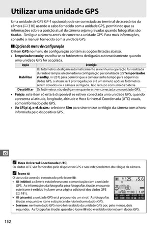152
t
Utilizar uma unidade GPS
Uma unidade de GPS GP-1 opcional pode ser conectada ao terminal de acessórios da
câmera (0 310) usando o cabo fornecido com a unidade GPS, permitindo que as
informações sobre a posição atual da câmera sejam gravadas quando fotografias são
tiradas. Desligue a câmera antes de conectar a unidade GPS. Para mais informações,
consulte o manual fornecido com a unidade GPS.
❚❚ Opçõesdomenudeconfiguração
O item GPS no menu de configuração contém as opções listadas abaixo.
• Temporizador standby: escolha se os fotômetros desligarão automaticamente quando
uma unidade GPS for acoplada.
• Posição: este item só estará disponível se estiver conectada uma unidade GPS, quando
apresenta a latitude, longitude, altitude e Hora Universal Coordenada (UTC) atuais,
como informado pelo GPS.
• UseGPS p/ aj.orel.dacâm.: selecione Sim para sincronizar o relógio da câmera com a hora
informada pelo dispositivo GPS.
Opção Descrição
Habilitar
Os fotômetros desligam automaticamente se nenhuma operação for realizada
durante o tempo selecionado na configuração personalizada c2 (Temporizador
standby, 0 237) para permitir que a câmera tenha tempo para adquirir os
dados GPS, o atraso será prorrogado por até um minuto após os fotômetros
serem ativados ou a câmera ser ligada. Isso reduz o consumo da bateria.
Desabilitar Os fotômetros não desligam enquanto estiver conectada uma unidade GPS.
A Hora Universal Coordenada (UTC)
Os dados UTC são fornecidos pelo dispositivo GPS e são independentes do relógio da câmera.
A Ícone n
O status da conexão é mostrado pelo ícone n:
• n (estático): a câmera estabeleceu uma comunicação com a unidade
GPS. As informações da fotografia para fotografias tiradas enquanto
este ícone é exibido incluem uma página adicional dos dados GPS
(0 191).
• n (piscando): a unidade GPS está procurando um sinal. As fotografias
tiradas enquanto o ícone está piscando não incluem dados GPS.
• Sem ícone: nenhum dado GPS novo foi recebido da unidade GPS por, pelo menos, dois
segundos. As fotografias tiradas quando o ícone n não é exibido não incluem dados GPS.
 