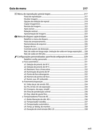 xvii
Guia do menu 217
D Menu de reprodução: gerenciar imagens........................................................................217
Pasta de reprodução...................................................................................................... 217
Ocultar imagem............................................................................................................... 218
Opções de exibição de reprod. .................................................................................. 219
Copiar imagem(ns) ......................................................................................................... 219
Revisão de imagens........................................................................................................ 222
Após excluir....................................................................................................................... 222
Rotação vertical................................................................................................................ 222
Apresentação de imagens ........................................................................................... 223
C Menu de disparo: opçõesde disparo.................................................................................224
Redefinir o menu de disparo....................................................................................... 224
Pasta de armazenamento............................................................................................. 225
Nomenclatura de arquivos .......................................................................................... 226
Espaço de cor.................................................................................................................... 227
Controle autom. de distorção..................................................................................... 227
Red. de ruído em longa expo. (redução de ruído em longa exposição) ..... 228
Red. de ruído em ISO alto............................................................................................. 228
A Configurações personalizadas: ajuste fino dasconfigurações dacâmera........................229
Redefinir config. personaliz......................................................................................... 231
a: Foco automático.............................................................................................................. 231
a1: Seleção de priorid. de AF-C................................................................................... 231
a2: Seleção de priorid. de AF-S................................................................................... 231
a3: Rastream. foco c/trava ativa ................................................................................. 232
a4: Iluminação de ponto de AF .................................................................................. 232
a5: Ponto de foco abrangente.................................................................................... 232
a6: Número de pontos de foco................................................................................... 233
a7: Ilumin. aux. AF embutido ...................................................................................... 233
b: Fotometria/exposição................................................................................................... 234
b1: Valor de pt. de sensib. ISO..................................................................................... 234
b2: Pts. EV do ctrl. de exposição................................................................................. 234
b3: Compens. de expo. simplif. .................................................................................. 235
b4: Área de ponderação central................................................................................. 236
b5: Exp. ideal de ajuste fino......................................................................................... 236
c: Temporizadores/Trava de AE...................................................................................... 236
c1: Botão liberação do obt. AE-L................................................................................ 236
c2: Temporizador standby ........................................................................................... 237
c3: Temporizador automático .................................................................................... 237
c4: Temp. p/ deslig. do monitor................................................................................. 238
c5: Duração do sinal remoto (ML-L3) ....................................................................... 238
 