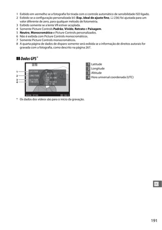 191
I
1 Exibido em vermelho se a fotografia foi tirada com o controle automático de sensibilidade ISO ligado.
2 Exibido se a configuração personalizada b5 (Exp. ideal de ajuste fino, 0 236) foi ajustada para um
valor diferente de zero, para qualquer método de fotometria.
3 Exibido somente se a lente VR estiver acoplada.
4 Somente Picture Controls Padrão, Vívido, Retrato e Paisagem.
5 Neutro, Monocromático e Picture Controls personalizados.
6 Não é exibida com Picture Controls monocromáticos.
7 Somente Picture Controls monocromáticos.
8 A quarta página de dados de disparo somente será exibida se a informação de direitos autorais for
gravada com a fotografia, como descrito na página 267.
❚❚ DadosGPS*
* Os dados dos vídeos são para o início da gravação.
L
L
A
T
A
O
L
I
T
N
T
M
I
G
I
E
T
I
T
(
U
T
U
U
D
U
D
T
E
D
E
C
E
)
:
:
:
:
:
:
:
N
E
1
3
1
0
3
3
5
5
1
5
9
m
/
:
º
º
1
1
3
4
0
5
5
3
/
:
.
.
2
0
9
6
0
0
7
9
1
1
6
2
‘
‘
NIKON D7100 100-1
1 Latitude
2 Longitude
3 Altitude
4 Hora universal coordenada (UTC)
 