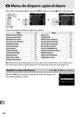 224
U
C Menu de disparo: opçõesdedisparo
Para exibir o menu de disparo, pressione G e selecione a guia C (menu de disparo).
O menu de disparo contém as seguintes opções:
Nota: dependendo das configurações da câmera, alguns itens poderão ficar cinza e indisponíveis.
Para informações sobre as opções disponíveis em cada modo de disparo, veja a página 321.
Selecione Sim para restaurar as opções do menu de disparo nos
seus valores padrão (0 324).
Botão G
Opção 0
Redefinir o menu de disparo 224
Pasta de armazenamento 225
Nomenclatura de arquivos 226
Fun. atrib. ao cart. no Comp. 2 69
Qualidade de imagem 66
Tamanho da imagem 68
Área da imagem 63
Compressão de JPEG 67
Gravação em NEF (RAW) 67
Balanço de brancos 89
Definir Picture Control 105
Gerenciar Picture Control 110
Espaço de cor 227
D-Lighting Ativo 113
HDR (alto alcance dinâmico) 115
Controle autom. de distorção 227
Red. de ruído em longa expo. 228
Red. de ruído em ISO alto 228
Config. de sensibilidade ISO 79
Modo de controle remoto (ML-L3) 127
Múltiplas exposições 141
Disparo com intervalômetro 145
Configurações de vídeo 169
Opção 0
Redefinir o menu de disparo Botão G ➜ C menu de disparo
 