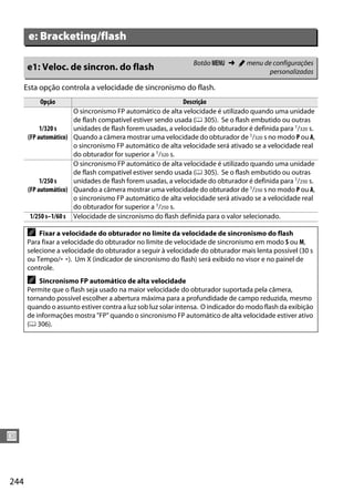 244
U
Esta opção controla a velocidade de sincronismo do flash.
e: Bracketing/flash
e1: Veloc. de sincron. do flash Botão G ➜ A menu de configurações
personalizadas
Opção Descrição
1/320 s
(FP automático)
O sincronismo FP automático de alta velocidade é utilizado quando uma unidade
de flash compatível estiver sendo usada (0 305). Se o flash embutido ou outras
unidades de flash forem usadas, a velocidade do obturador é definida para 1/320 s.
Quando a câmera mostrar uma velocidade do obturador de 1/320 s no modo P ou A,
o sincronismo FP automático de alta velocidade será ativado se a velocidade real
do obturador for superior a 1/320 s.
1/250 s
(FP automático)
O sincronismo FP automático de alta velocidade é utilizado quando uma unidade
de flash compatível estiver sendo usada (0 305). Se o flash embutido ou outras
unidades de flash forem usadas, a velocidade do obturador é definida para 1/250 s.
Quando a câmera mostrar uma velocidade do obturador de 1/250 s no modo P ou A,
o sincronismo FP automático de alta velocidade será ativado se a velocidade real
do obturador for superior a 1/250 s.
1/250 s–1/60 s Velocidade de sincronismo do flash definida para o valor selecionado.
A Fixar a velocidade do obturador no limite da velocidade de sincronismo do flash
Para fixar a velocidade do obturador no limite de velocidade de sincronismo em modo S ou M,
selecione a velocidade do obturador a seguir à velocidade do obturador mais lenta possível (30 s
ou Tempo/%). Um X (indicador de sincronismo do flash) será exibido no visor e no painel de
controle.
A Sincronismo FP automático de alta velocidade
Permite que o flash seja usado na maior velocidade do obturador suportada pela câmera,
tornando possível escolher a abertura máxima para a profundidade de campo reduzida, mesmo
quando o assunto estiver contra a luz sob luz solar intensa. O indicador do modo flash da exibição
de informações mostra "FP" quando o sincronismo FP automático de alta velocidade estiver ativo
(0 306).
 