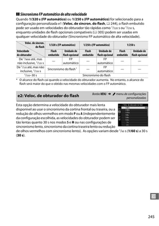 245
U
❚❚ SincronismoFPautomáticodealtavelocidade
Quando 1/320 s (FP automático) ou 1/250 s (FP automático) for selecionado para a
configuração personalizada e1 (Veloc. de sincron. do flash, 0 244), o flash embutido
pode ser usado em velocidades do obturador tão rápidas como 1/320 s ou 1/250 s,
enquanto unidades de flash opcionais compatíveis (0 305) podem ser usadas em
qualquer velocidade do obturador (Sincronismo FP automático de alta velocidade).
Esta opção determina a velocidade do obturador mais lenta
disponível ao usar o sincronismo da cortina frontal ou traseira, ou a
redução de olhos vermelhos em modo P ou A (independentemente
da configuração escolhida, as velocidades do obturador podem ser
tão lentas quanto 30 s nos modos S e M ou nas configurações de
sincronismo lento, sincronismo da cortina traseira lento ou redução
de olhos vermelhos com sincronismo lento). As opções variam desde 1/60 s (1/60 s) a 30 s
(30 s).
Veloc. de sincron.
do flash
1/320 s (FP automático) 1/250 s (FP automático) 1/250 s
Velocidade
do obturador
Flash
embutido
Unidade de
flash opcional
Flash
embutido
Unidade de
flash opcional
Flash
embutido
Unidade de
flash opcional
De 1/8000 até, mas
não inclusive, 1/320 s
—
FP
automático
—
FP
automático
— —
De 1/320 até, mas não
inclusive, 1/250 s
Sincronismo do flash* —
FP
automático
— —
1/250–30 s Sincronismo do flash
* O alcance do flash cai quando a velocidade do obturador aumenta. No entanto, o alcance do
flash será maior do que o obtido nas mesmas velocidades com o FP automático.
e2: Veloc. de obturador do flash Botão G ➜ A menu de configurações
personalizadas
 