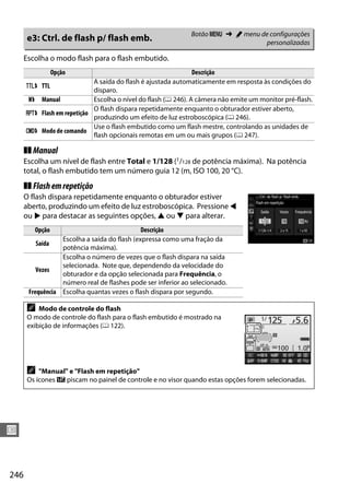 246
U
Escolha o modo flash para o flash embutido.
❚❚ Manual
Escolha um nível de flash entre Total e 1/128 (1/128 de potência máxima). Na potência
total, o flash embutido tem um número guia 12 (m, ISO 100, 20 °C).
❚❚ Flashemrepetição
O flash dispara repetidamente enquanto o obturador estiver
aberto, produzindo um efeito de luz estroboscópica. Pressione 4
ou 2 para destacar as seguintes opções, 1 ou 3 para alterar.
e3: Ctrl. de flash p/ flash emb. Botão G ➜ A menu de configurações
personalizadas
Opção Descrição
1 TTL
A saída do flash é ajustada automaticamente em resposta às condições do
disparo.
2 Manual Escolha o nível do flash (0 246). A câmera não emite um monitor pré-flash.
3 Flash em repetição
O flash dispara repetidamente enquanto o obturador estiver aberto,
produzindo um efeito de luz estroboscópica (0 246).
4 Modo de comando
Use o flash embutido como um flash mestre, controlando as unidades de
flash opcionais remotas em um ou mais grupos (0 247).
Opção Descrição
Saída
Escolha a saída do flash (expressa como uma fração da
potência máxima).
Vezes
Escolha o número de vezes que o flash dispara na saída
selecionada. Note que, dependendo da velocidade do
obturador e da opção selecionada para Frequência, o
número real de flashes pode ser inferior ao selecionado.
Frequência Escolha quantas vezes o flash dispara por segundo.
A Modo de controle do flash
O modo de controle do flash para o flash embutido é mostrado na
exibição de informações (0 122).
A "Manual" e "Flash em repetição"
Os ícones Y piscam no painel de controle e no visor quando estas opções forem selecionadas.
 