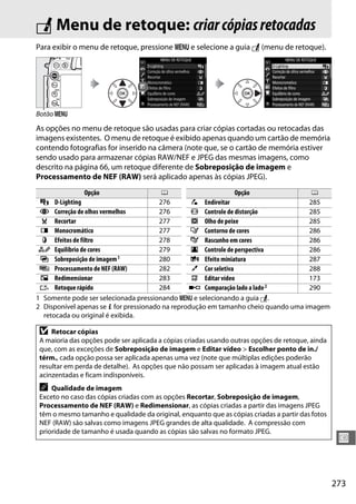 273
U
N Menu de retoque: criarcópiasretocadas
Para exibir o menu de retoque, pressione G e selecione a guia N (menu de retoque).
As opções no menu de retoque são usadas para criar cópias cortadas ou retocadas das
imagens existentes. O menu de retoque é exibido apenas quando um cartão de memória
contendo fotografias for inserido na câmera (note que, se o cartão de memória estiver
sendo usado para armazenar cópias RAW/NEF e JPEG das mesmas imagens, como
descrito na página 66, um retoque diferente de Sobreposição de imagem e
Processamento de NEF (RAW) será aplicado apenas às cópias JPEG).
1 Somente pode ser selecionada pressionando G e selecionando a guia N.
2 Disponível apenas se P for pressionado na reprodução em tamanho cheio quando uma imagem
retocada ou original é exibida.
Botão G
Opção 0
i D-Lighting 276
j Correção de olhos vermelhos 276
k Recortar 277
l Monocromático 277
m Efeitos de filtro 278
n Equilíbrio de cores 279
o Sobreposição de imagem1 280
7 Processamento de NEF (RAW) 282
8 Redimensionar 283
& Retoque rápido 284
e Endireitar 285
( Controle de distorção 285
) Olho de peixe 285
f Contorno de cores 286
g Rascunho em cores 286
h Controle de perspectiva 286
i Efeito miniatura 287
u Cor seletiva 288
9 Editar vídeo 173
p Comparação lado a lado2 290
Opção 0
D Retocar cópias
A maioria das opções pode ser aplicada a cópias criadas usando outras opções de retoque, ainda
que, com as exceções de Sobreposição de imagem e Editar vídeo > Escolher ponto de in./
térm., cada opção possa ser aplicada apenas uma vez (note que múltiplas edições poderão
resultar em perda de detalhe). As opções que não possam ser aplicadas à imagem atual estão
acinzentadas e ficam indisponíveis.
A Qualidade de imagem
Exceto no caso das cópias criadas com as opções Recortar, Sobreposição de imagem,
Processamento de NEF (RAW) e Redimensionar, as cópias criadas a partir das imagens JPEG
têm o mesmo tamanho e qualidade da original, enquanto que as cópias criadas a partir das fotos
NEF (RAW) são salvas como imagens JPEG grandes de alta qualidade. A compressão com
prioridade de tamanho é usada quando as cópias são salvas no formato JPEG.
 