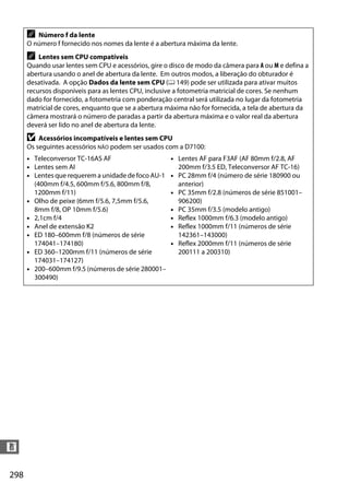 298
n
A Número f da lente
O número f fornecido nos nomes da lente é a abertura máxima da lente.
A Lentes sem CPU compatíveis
Quando usar lentes sem CPU e acessórios, gire o disco de modo da câmera para A ou M e defina a
abertura usando o anel de abertura da lente. Em outros modos, a liberação do obturador é
desativada. A opção Dados da lente sem CPU (0 149) pode ser utilizada para ativar muitos
recursos disponíveis para as lentes CPU, inclusive a fotometria matricial de cores. Se nenhum
dado for fornecido, a fotometria com ponderação central será utilizada no lugar da fotometria
matricial de cores, enquanto que se a abertura máxima não for fornecida, a tela de abertura da
câmera mostrará o número de paradas a partir da abertura máxima e o valor real da abertura
deverá ser lido no anel de abertura da lente.
D Acessórios incompatíveis e lentes sem CPU
Os seguintes acessórios NÃO podem ser usados com a D7100:
• Teleconversor TC-16AS AF
• Lentes sem AI
• Lentes que requerem a unidade de foco AU-1
(400mm f/4.5, 600mm f/5.6, 800mm f/8,
1200mm f/11)
• Olho de peixe (6mm f/5.6, 7,5mm f/5.6,
8mm f/8, OP 10mm f/5.6)
• 2,1cm f/4
• Anel de extensão K2
• ED 180–600mm f/8 (números de série
174041–174180)
• ED 360–1200mm f/11 (números de série
174031–174127)
• 200–600mm f/9.5 (números de série 280001–
300490)
• Lentes AF para F3AF (AF 80mm f/2.8, AF
200mm f/3.5 ED, Teleconversor AF TC-16)
• PC 28mm f/4 (número de série 180900 ou
anterior)
• PC 35mm f/2.8 (números de série 851001–
906200)
• PC 35mm f/3.5 (modelo antigo)
• Reflex 1000mm f/6.3 (modelo antigo)
• Reflex 1000mm f/11 (números de série
142361–143000)
• Reflex 2000mm f/11 (números de série
200111 a 200310)
 