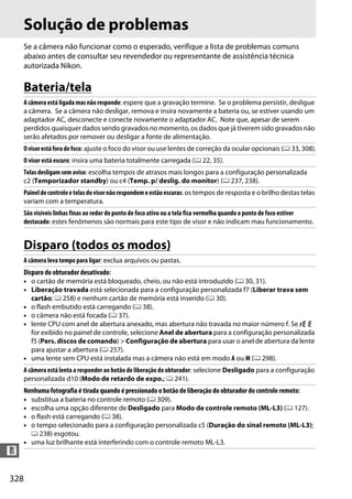 328
n
Solução de problemas
Se a câmera não funcionar como o esperado, verifique a lista de problemas comuns
abaixo antes de consultar seu revendedor ou representante de assistência técnica
autorizada Nikon.
Bateria/tela
Disparo (todos os modos)
A câmera está ligada mas não responde: espere que a gravação termine. Se o problema persistir, desligue
a câmera. Se a câmera não desligar, remova e insira novamente a bateria ou, se estiver usando um
adaptador AC, desconecte e conecte novamente o adaptador AC. Note que, apesar de serem
perdidos quaisquer dados sendo gravados no momento, os dados que já tiverem sido gravados não
serão afetados por remover ou desligar a fonte de alimentação.
Ovisorestáforadefoco: ajuste o foco do visor ou use lentes de correção da ocular opcionais (0 33, 308).
O visor está escuro: insira uma bateria totalmente carregada (0 22, 35).
Telas desligam sem aviso: escolha tempos de atrasos mais longos para a configuração personalizada
c2 (Temporizador standby) ou c4 (Temp. p/ deslig. do monitor) (0 237, 238).
Paineldecontroleetelasdovisornãorespondemeestãoescuras: os tempos de resposta e o brilho destas telas
variam com a temperatura.
São visíveis linhas finas ao redor do ponto de foco ativo ou a tela fica vermelha quando o ponto de foco estiver
destacado: estes fenômenos são normais para este tipo de visor e não indicam mau funcionamento.
A câmera leva tempo para ligar: exclua arquivos ou pastas.
Disparo do obturador desativado:
• o cartão de memória está bloqueado, cheio, ou não está introduzido (0 30, 31).
• Liberação travada está selecionada para a configuração personalizada f7 (Liberar trava sem
cartão; 0 258) e nenhum cartão de memória está inserido (0 30).
• o flash embutido está carregando (0 38).
• o câmera não está focada (0 37).
• lente CPU com anel de abertura anexado, mas abertura não travada no maior número f. Se B
for exibido no painel de controle, selecione Anel de abertura para a configuração personalizada
f5 (Pers. discos de comando) > Configuração de abertura para usar o anel de abertura da lente
para ajustar a abertura (0 257).
• uma lente sem CPU está instalada mas a câmera não está em modo A ou M (0 298).
A câmera está lenta a responder ao botão de liberação do obturador: selecione Desligado para a configuração
personalizada d10 (Modo de retardo de expo.; 0 241).
Nenhuma fotografia é tirada quando é pressionado o botão de liberação do obturador do controle remoto:
• substitua a bateria no controle remoto (0 309).
• escolha uma opção diferente de Desligado para Modo de controle remoto (ML-L3) (0 127).
• o flash está carregando (0 38).
• o tempo selecionado para a configuração personalizada c5 (Duração do sinal remoto (ML-L3);
0 238) esgotou.
• uma luz brilhante está interferindo com o controle remoto ML-L3.
 