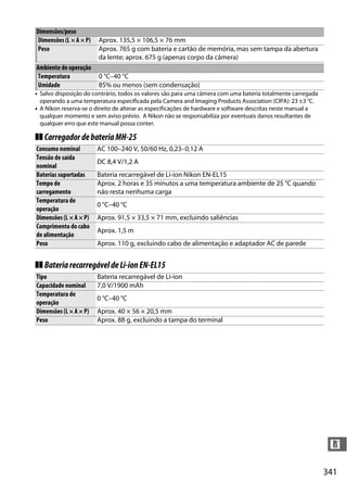 341
n
• Salvo disposição do contrário, todos os valores são para uma câmera com uma bateria totalmente carregada
operando a uma temperatura especificada pela Camera and Imaging Products Association (CIPA): 23 ±3 °C.
• A Nikon reserva-se o direito de alterar as especificações de hardware e software descritas neste manual a
qualquer momento e sem aviso prévio. A Nikon não se responsabiliza por eventuais danos resultantes de
qualquer erro que este manual possa conter.
❚❚ CarregadordebateriaMH-25
❚❚ BateriarecarregáveldeLi-ionEN-EL15
Dimensões/peso
Dimensões (L × A × P) Aprox. 135,5 × 106,5 × 76 mm
Peso Aprox. 765 g com bateria e cartão de memória, mas sem tampa da abertura
da lente; aprox. 675 g (apenas corpo da câmera)
Ambiente de operação
Temperatura 0 °C–40 °C
Umidade 85% ou menos (sem condensação)
Consumo nominal AC 100–240 V, 50/60 Hz, 0,23–0,12 A
Tensão de saída
nominal
DC 8,4 V/1,2 A
Baterias suportadas Bateria recarregável de Li-ion Nikon EN-EL15
Tempo de
carregamento
Aprox. 2 horas e 35 minutos a uma temperatura ambiente de 25 °C quando
não resta nenhuma carga
Temperatura de
operação
0 °C–40 °C
Dimensões (L × A × P) Aprox. 91,5 × 33,5 × 71 mm, excluindo saliências
Comprimento do cabo
de alimentação
Aprox. 1,5 m
Peso Aprox. 110 g, excluindo cabo de alimentação e adaptador AC de parede
Tipo Bateria recarregável de Li-ion
Capacidade nominal 7,0 V/1900 mAh
Temperatura de
operação
0 °C–40 °C
Dimensões (L × A × P) Aprox. 40 × 56 × 20,5 mm
Peso Aprox. 88 g, excluindo a tampa do terminal
 