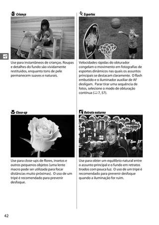 42
s
pCriança mEsportes
Use para instantâneos de crianças. Roupas
e detalhes do fundo são vividamente
restituídos, enquanto tons de pele
permanecem suaves e naturais.
Velocidades rápidas do obturador
congelam o movimento em fotografias de
esportes dinâmicos nas quais os assuntos
principais se destacam claramente. O flash
embutido e o iluminador auxiliar de AF
desligam. Parar tirar uma sequência de
fotos, selecione o modo de obturação
contínua (0 7, 57).
nClose-up oRetratonoturno
Use para close-ups de flores, insetos e
outros pequenos objetos (uma lente
macro pode ser utilizada para focar
distâncias muito próximas). O uso de um
tripé é recomendado para prevenir
desfoque.
Use para obter um equilíbrio natural entre
o assunto principal e o fundo em retratos
tirados com pouca luz. O uso de um tripé é
recomendado para prevenir desfoque
quando a iluminação for ruim.
 