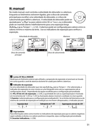 51
#
M: manual
No modo manual, você controla a velocidade do obturador e a abertura.
Enquanto os fotômetros estiverem ligados, gire o disco de comando
principal para escolher uma velocidade do obturador, e o disco de
subcomando para definir a abertura. A velocidade do obturador pode ser
ajustada para "v" ou para valores entre 30 s e 1/8000 s, ou o obturador
pode ser mantido aberto indefinidamente para uma exposição longa
(Bulb/A ou Tempo/%, 0 52). A abertura pode ser configurada para valores entre os
valores mínimo e máximo da lente. Use os indicadores de exposição para verificar a
exposição.
Velocidade do obturador Abertura
Disco de comando
principal
Disco de subcomando
A Lentes AF Micro NIKKOR
Desde que um fotômetro externo seja utilizado, a proporção da exposição só precisará ser levada
em conta quando o anel de abertura da lente for usado para definir a abertura.
A Indicador de exposição
Se uma velocidade do obturador que não seja Bulb (A) ou Tempo (%) for selecionada, o
indicador de exposição no visor mostra se uma fotografia seria sub ou superexposta sob as
configurações atuais. Dependendo da opção escolhida para a configuração personalizada
b2 (Pts. EV do ctrl. de exposição, 0 234), a quantidade de sub ou superexposição é mostrada
em incrementos de 1/3 EV ou 1/2 EV (as ilustrações abaixo mostram a exibição no visor quando
1/3 ponto é selecionado para a configuração personalizada b2). Se os limites da fotometria ou do
sistema de controle de exposição em exibição ao vivo forem ultrapassados, o indicador piscará.
Exposição ideal Subexposta em 1/3 EV Superexposta em mais de 2 EV
A Veja também
Para informações sobre como inverter os indicadores de exposição para que os valores negativos
sejam exibidos à direita e os valores positivos à esquerda, veja a configuração personalizada
f8 (Inverter indicadores, 0 258).
 
