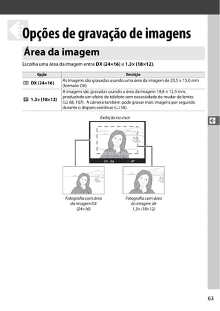63
d
d
Opções de gravação de imagens
Escolha uma área da imagem entre DX (24×16) e 1.3× (18×12).
Área da imagem
Opção Descrição
a DX (24×16)
As imagens são gravadas usando uma área da imagem de 23,5 × 15,6 mm
(formato DX).
c 1.3× (18×12)
A imagens são gravadas usando a área da imagem 18,8 × 12,5 mm,
produzindo um efeito de telefoto sem necessidade de mudar de lentes
(0 68, 167). A câmera também pode gravar mais imagens por segundo
durante o disparo contínuo (0 58).
Exibição no visor
Fotografia com área
da imagem DX
(24×16)
Fotografia com área
da imagem de
1,3× (18×12)
 