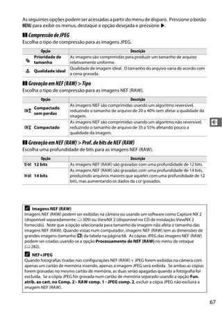 67
d
As seguintes opções podem ser acessadas a partir do menu de disparo. Pressione o botão
G para exibir os menus, destaque a opção desejada e pressione 2.
❚❚ CompressãodeJPEG
Escolha o tipo de compressão para as imagens JPEG.
❚❚ GravaçãoemNEF(RAW)>Tipo
Escolha o tipo de compressão para as imagens NEF (RAW).
❚❚ GravaçãoemNEF(RAW)>Prof.debitsdeNEF(RAW)
Escolha uma profundidade de bits para as imagens NEF (RAW).
Opção Descrição
O
Prioridade de
tamanho
As imagens são comprimidas para produzir um tamanho de arquivo
relativamente uniforme.
P Qualidade ideal
Qualidade de imagem ideal. O tamanho do arquivo varia de acordo com
a cena gravada.
Opção Descrição
N
Compactado
sem perdas
As imagens NEF são comprimidas usando um algoritmo reversível,
reduzindo o tamanho de arquivo de 20 a 40% sem afetar a qualidade da
imagem.
O Compactado
As imagens NEF são comprimidas usando um algoritmo não reversível,
reduzindo o tamanho de arquivo de 35 a 55% afetando pouco a
qualidade da imagem.
Opção Descrição
q 12 bits As imagens NEF (RAW) são gravadas com uma profundidade de 12 bits.
r 14 bits
As imagens NEF (RAW) são gravadas com uma profundidade de 14 bits,
produzindo arquivos maiores que aqueles com uma profundidade de 12
bits, mas aumentando os dados da cor gravados.
A Imagens NEF (RAW)
Imagens NEF (RAW) podem ser exibidas na câmera ou usando um software como Capture NX 2
(disponível separadamente; 0 309) ou ViewNX 2 (disponível no CD de instalação ViewNX 2
fornecido). Note que a opção selecionada para tamanho da imagem não afeta o tamanho das
imagens NEF (RAW). Quando vistas num computador, imagens NEF (RAW) tem as dimensões de
grandes imagens (tamanho #) da tabela na página 68. As cópias JPEG das imagens NEF (RAW)
podem ser criadas usando-se a opção Processamento de NEF (RAW) no menu de retoque
(0 282).
A NEF+JPEG
Quando fotografias tiradas nas configurações NEF (RAW) + JPEG forem exibidas na câmera com
apenas um cartão de memória inserido, apenas a imagem JPEG será exibida. Se ambas as cópias
forem gravadas no mesmo cartão de memória, as duas serão apagadas quando a fotografia for
excluída. Se a cópia JPEG for gravada num cartão de memória separado usando a opção Fun.
atrib. ao cart. no Comp. 2> RAW comp. 1 - JPEG comp. 2, excluir a cópia JPEG não excluirá a
imagem NEF (RAW).
 