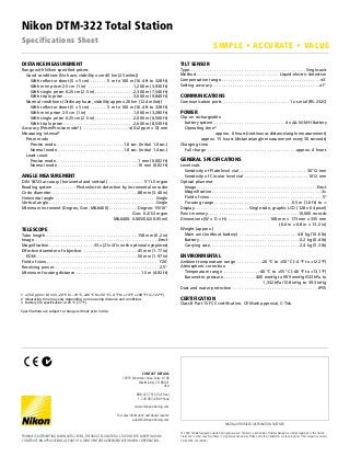 Nikon DTM-322 Total Station
Specifications Sheet
1 ±(3+3 ppm × D) mm –20 °C to –10 °C, +40 °C to +50 °C (–4 °F to +14 °F, +104 °F to +122 °F)
2 Measuring time may vary depending on measuring distance and conditions.
3 Battery life specification at 25 °C (77 °F).
Specifications are subject to change without prior notice.
DISTANCE MEASUREMENT
Range with Nikon specified prisms
Good conditions (No haze, visibility over 40 km (25 miles))
With reflector sheet (5 × 5 cm)  .  .  .  .  .  .  . 5 m to 100 m (16 .4 ft to 328 ft)
With mini prism 2 .5 cm (1 in)  .  .  .  .  .  .  .  .  .  .  .  .  .  .  .  .  .  .  .  . 1,200 m (3,930 ft)
With single prism 6 .25 cm (2 .5 in)  .  .  .  .  .  .  .  .  .  .  .  .  .  .  .  .  . 2,300 m (7,540 ft)
With triple prism .  .  .  .  .  .  .  .  .  .  .  .  .  .  .  .  .  .  .  .  .  .  .  .  .  .  .  .  .  .  . 3,000 m (9,840 ft)
Normal conditions (Ordinary haze, visibility approx 20 km (12 .4 miles))
With reflector sheet (5 × 5 cm)  .  .  .  .  .  .  . 5 m to 100 m (16 .4 ft to 328 ft)
With mini prism 2 .5 cm (1 in)  .  .  .  .  .  .  .  .  .  .  .  .  .  .  .  .  .  .  .  . 1,000 m (3,280 ft)
With single prism 6 .25 cm (2 .5 in)  .  .  .  .  .  .  .  .  .  .  .  .  .  .  .  .  . 2,000 m (6,560 ft)
With triple prism .  .  .  .  .  .  .  .  .  .  .  .  .  .  .  .  .  .  .  .  .  .  .  .  .  .  .  .  .  .  . 2,600 m (8,530 ft)
Accuracy (Prism/Precise mode1) .  .  .  .  .  .  .  .  .  .  .  .  .  .  .  .  .  .  .  .  .±(3+2 ppm × D) mm
Measuring interval2
Prism mode
Precise mode  .  .  .  .  .  .  .  .  .  .  .  .  .  .  .  .  .  .  .  .  .  .  .  .  .  .  .  .  .  .1 .6 sec . (initial 1 .6 sec .)
Normal mode  .  .  .  .  .  .  .  .  .  .  .  .  .  .  .  .  .  .  .  .  .  .  .  .  .  .  .  .  .1 .0 sec . (initial 1 .4 sec .)
Least count
Precise mode  .  .  .  .  .  .  .  .  .  .  .  .  .  .  .  .  .  .  .  .  .  .  .  .  .  .  .  .  .  .  .  .  .  .  .  .1 mm (0 .002 ft)
Normal mode  .  .  .  .  .  .  .  .  .  .  .  .  .  .  .  .  .  .  .  .  .  .  .  .  .  .  .  .  .  .  .  .  .  .  .10 mm (0 .02 ft)
ANGLE MEASUREMENT
DIN 18723 accuracy (horizontal and vertical)  .  .  .  .  .  .  .  .  .  .  .  .  .  .  . 5"/1 .5 mgon
Reading system  .  .  .  .  .  .  .  .  .  .Photoelectric detection by incremental encoder
Circle diameter .  .  .  .  .  .  .  .  .  .  .  .  .  .  .  .  .  .  .  .  .  .  .  .  .  .  .  .  .  .  .  .  .  .  .  .  .  .88 mm (3 .46 in)
Horizontal angle  .  .  .  .  .  .  .  .  .  .  .  .  .  .  .  .  .  .  .  .  .  .  .  .  .  .  .  .  .  .  .  .  .  .  .  .  .  .  .  .  .  .  .  .Single
Vertical angle  .  .  .  .  .  .  .  .  .  .  .  .  .  .  .  .  .  .  .  .  .  .  .  .  .  .  .  .  .  .  .  .  .  .  .  .  .  .  .  .  .  .  .  .  .  .  .Single
Minimum increment (Degree, Gon, MIL6400)  .  .  .  .  .  .  .  .  .  .  .  .  .Degree: 1/5/10"
Gon: 0 .2/1/2 mgon
MIL6400: 0 .005/0 .02/0 .05 mil
TELESCOPE
Tube length  .  .  .  .  .  .  .  .  .  .  .  .  .  .  .  .  .  .  .  .  .  .  .  .  .  .  .  .  .  .  .  .  .  .  .  .  .  .  .  .158 mm (6 .2 in)
Image  .  .  .  .  .  .  .  .  .  .  .  .  .  .  .  .  .  .  .  .  .  .  .  .  .  .  .  .  .  .  .  .  .  .  .  .  .  .  .  .  .  .  .  .  .  .  .  .  .  .  .  .  .  .Erect
Magnification .  .  .  .  .  .  .  .  .  .  .  .  .  .  .  .  .  .  .  .33× (21×/41× with optional eyepieces)
Effective diameter of objective .  .  .  .  .  .  .  .  .  .  .  .  .  .  .  .  .  .  .  .  .  .  .  .  .45 mm (1 .77 in)
EDM .  .  .  .  .  .  .  .  .  .  .  .  .  .  .  .  .  .  .  .  .  .  .  .  .  .  .  .  .  .  .  .  .  .  .  .  .  .  .  .  .  .  .  .  .50 mm (1 .97 in)
Field of view .  .  .  .  .  .  .  .  .  .  .  .  .  .  .  .  .  .  .  .  .  .  .  .  .  .  .  .  .  .  .  .  .  .  .  .  .  .  .  .  .  .  .  .  .  .  .  . 1°20'
Resolving power .  .  .  .  .  .  .  .  .  .  .  .  .  .  .  .  .  .  .  .  .  .  .  .  .  .  .  .  .  .  .  .  .  .  .  .  .  .  .  .  .  .  .  .  .  . 2 .5"
Minimum focusing distance  .  .  .  .  .  .  .  .  .  .  .  .  .  .  .  .  .  .  .  .  .  .  .  .  .  .  .  . 1 .5 m (4 .92 ft)
TILT SENSOR
Type .  .  .  .  .  .  .  .  .  .  .  .  .  .  .  .  .  .  .  .  .  .  .  .  .  .  .  .  .  .  .  .  .  .  .  .  .  .  .  .  .  .  .  .  .  .  .  .  .  .  . Single-axis
Method  .  .  .  .  .  .  .  .  .  .  .  .  .  .  .  .  .  .  .  .  .  .  .  .  .  .  .  .  .  .  .  .  .  .  .  . Liquid-electric detection
Compensation range  .  .  .  .  .  .  .  .  .  .  .  .  .  .  .  .  .  .  .  .  .  .  .  .  .  .  .  .  .  .  .  .  .  .  .  .  .  .  .  .  .  .  . ±3'
Setting accuracy  .  .  .  .  .  .  .  .  .  .  .  .  .  .  .  .  .  .  .  .  .  .  .  .  .  .  .  .  .  .  .  .  .  .  .  .  .  .  .  .  .  .  .  .  .  .  .±1"
COMMUNICATIONS
Communication ports  .  .  .  .  .  .  .  .  .  .  .  .  .  .  .  .  .  .  .  .  .  .  .  .  .  .  .  .  . 1 x serial (RS-232C)
POWER
Clip-on rechargeable
battery system  .  .  .  .  .  .  .  .  .  .  .  .  .  .  .  .  .  .  .  .  .  .  .  .  .  .  .  .  .  .  . 4x AA Ni-MH Battery
Operating time3
approx . 6 hours(continuous distance/angle measurement)
approx . 15 hours (distance/angle measurement every 30 seconds)
Charging time
Full charge  .  .  .  .  .  .  .  .  .  .  .  .  .  .  .  .  .  .  .  .  .  .  .  .  .  .  .  .  .  .  .  .  .  .  .  .  .  .  .approx . 4 hours
GENERAL SPECIFICATIONS
Level vials
Sensitivity of Plate level vial  .  .  .  .  .  .  .  .  .  .  .  .  .  .  .  .  .  .  .  .  .  .  .  .  .  .  .  .  . 30”/2 mm
Sensitivity of Circular level vial  .  .  .  .  .  .  .  .  .  .  .  .  .  .  .  .  .  .  .  .  .  .  .  .  .  .  .  . 10’/2 mm
Optical plummet
Image .  .  .  .  .  .  .  .  .  .  .  .  .  .  .  .  .  .  .  .  .  .  .  .  .  .  .  .  .  .  .  .  .  .  .  .  .  .  .  .  .  .  .  .  .  .  .  .  .  .  .  .  .Erect
Magnification  .  .  .  .  .  .  .  .  .  .  .  .  .  .  .  .  .  .  .  .  .  .  .  .  .  .  .  .  .  .  .  .  .  .  .  .  .  .  .  .  .  .  .  .  .  .  .  .3×
Field of view  .  .  .  .  .  .  .  .  .  .  .  .  .  .  .  .  .  .  .  .  .  .  .  .  .  .  .  .  .  .  .  .  .  .  .  .  .  .  .  .  .  .  .  .  .  .  .  .  . 5°
Focusing range  .  .  .  .  .  .  .  .  .  .  .  .  .  .  .  .  .  .  .  .  .  .  .  .  .  .  .  .  .  .  .  .  .  .0 .5 m (1 .6 ft) to ∞
Display .  .  .  .  .  .  .  .  .  .  .  .  .  .  .  .  .  .  .  .  .  .  .  . Single side, graphic LCD (128 × 64 pixel)
Point memory .  .  .  .  .  .  .  .  .  .  .  .  .  .  .  .  .  .  .  .  .  .  .  .  .  .  .  .  .  .  .  .  .  .  .  .  .  .  .  .10,000 records
Dimensions (W × D × H)  .  .  .  .  .  .  .  .  .  .  .  .  .  .  .  .  .  . 168 mm × 173 mm × 335 mm
(6 .6 in × 6 .8 in × 13 .2 in)
Weight (approx .)
Main unit (without battery)  .  .  .  .  .  .  .  .  .  .  .  .  .  .  .  .  .  .  .  .  .  .  .  .  . 4 .8 kg (10 .6 lb)
Battery .  .  .  .  .  .  .  .  .  .  .  .  .  .  .  .  .  .  .  .  .  .  .  .  .  .  .  .  .  .  .  .  .  .  .  .  .  .  .  .  .  .  .  . 0 .2 kg (0 .4 lb)
Carrying case .  .  .  .  .  .  .  .  .  .  .  .  .  .  .  .  .  .  .  .  .  .  .  .  .  .  .  .  .  .  .  .  .  .  .  .  .  .  . 2 .4 kg (5 .3 lb)
ENVIRONMENTAL
Ambient temperature range  .  .  .  .  .  .  .  .  .  . –20 °C to +50 °C (–4 °F to +122 °F)
Atmospheric correction
Temperature range  .  .  .  .  .  .  .  .  .  .  .  .  .  .  . –40 °C to +55 °C (–40 °F to +131 °F)
Barometric pressure  .  .  .  .  .  .  .  .  .  .  .  .  .  . 400 mmHg to 999 mmHg/533 hPa to
1,332 hPa/15 .8 inHg to 39 .3 inHg
Dust and water protection  .  .  .  .  .  .  .  .  .  .  .  .  .  .  .  .  .  .  .  .  .  .  .  .  .  .  .  .  .  .  .  .  .  .  .  .  . IP55
CERTIFICATION
Class B Part 15 FCC certification, CE Mark approval, C-Tick .
© 2009, Trimble Navigation LImited. All rights reserved. Trimble is a trademark of Trimble Navigation Limited registered in the United
States and in other countries. Nikon is a registered trademark of Nikon. All other trademarks are the property of their respective owners.
PN 022505-102 (09/09)
CONTACT DETAILS
10355 Westmoor Drive, Suite # 100
Westminster, CO 80021
USA
888-477-7516 (Toll Free)
1-720-587-4700 Phone
www.nikonpositioning.com
For sales information and dealer locator:
sales@nikonpositioning.com
NIKON AUTHORIZED DISTRIBUTION PARTNER
TRImBLE IS DISTRIBUTINg NIKON AUTO-LEvELS, THEODOLITES AND TOTAL STATIONS FOR SURvEYINg AND
CONSTRUCTION APPLICATIONS AS PART OF A jOINT vENTURE AgREEmENT WITH NIKON CORPORATION.
SIMPLE • ACCURATE • VALUE
 