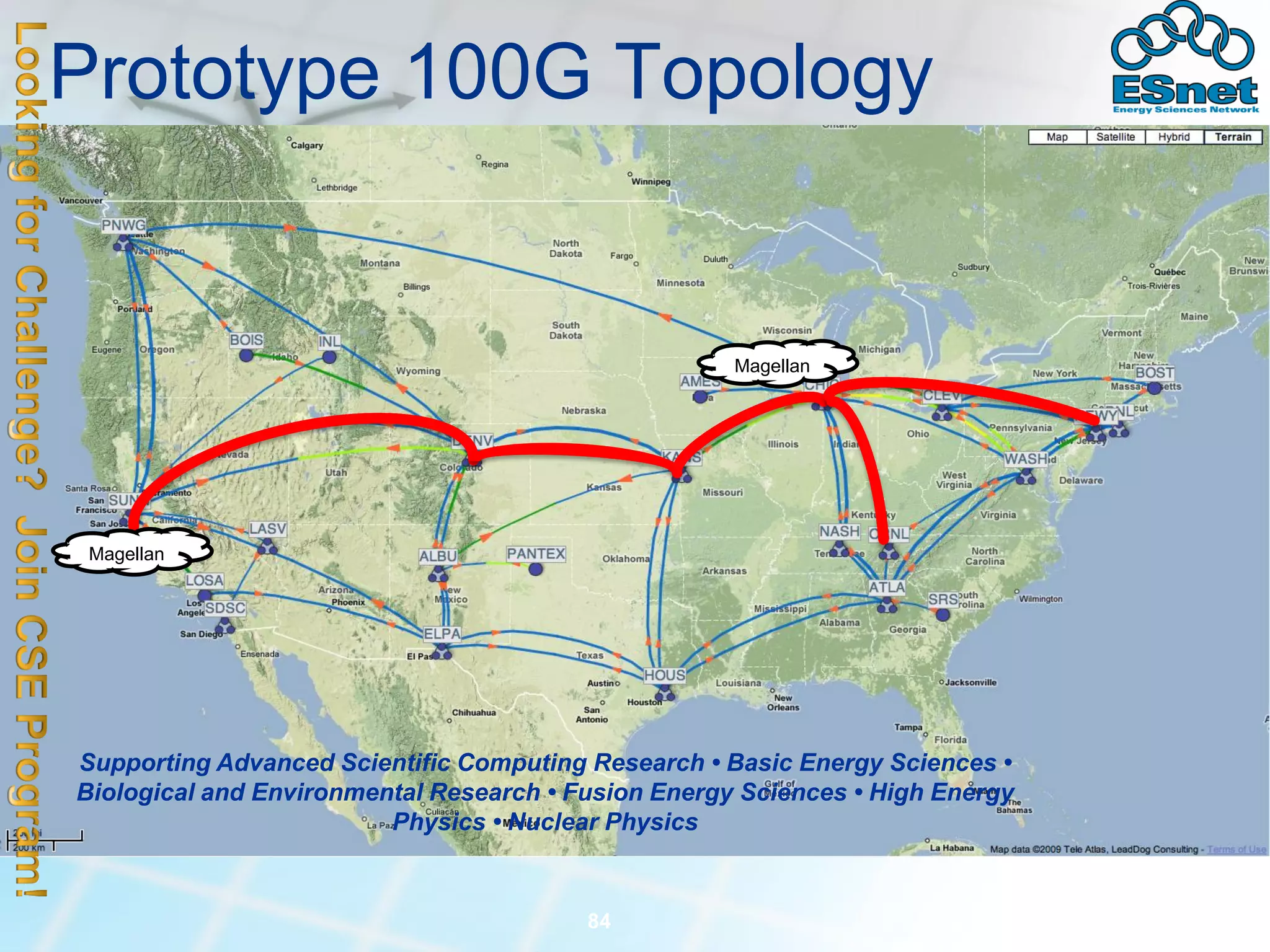 Prototype 100G Topology
Magellan
Magellan
Supporting Advanced Scientific Computing Research • Basic Energy Sciences •
Biological and Environmental Research • Fusion Energy Sciences • High Energy
Physics • Nuclear Physics
84
 
